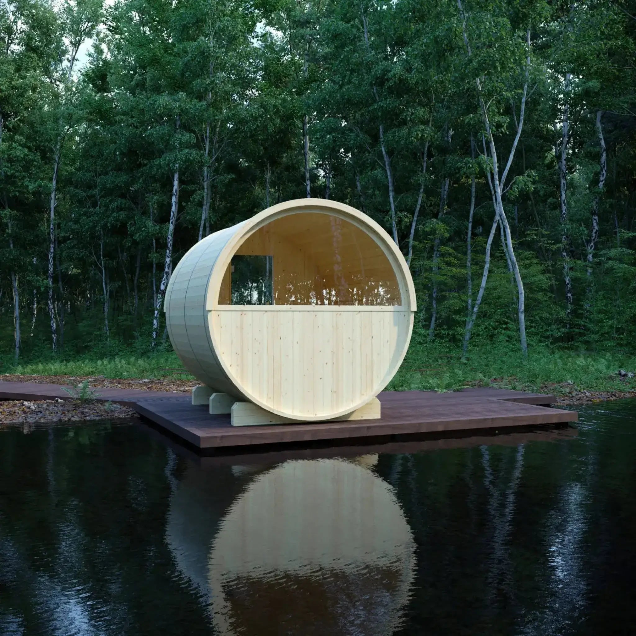 Tampere barrel sauna interior bench and duckboard flooring detail