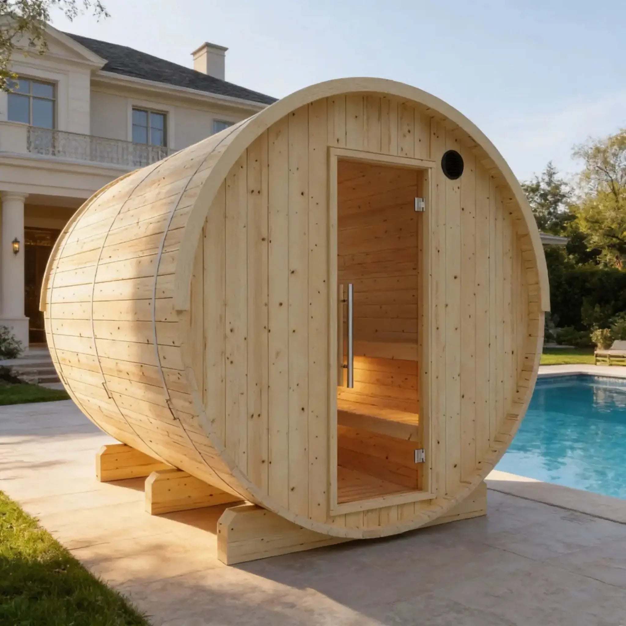 Tampere Finnish barrel sauna exterior side angle view