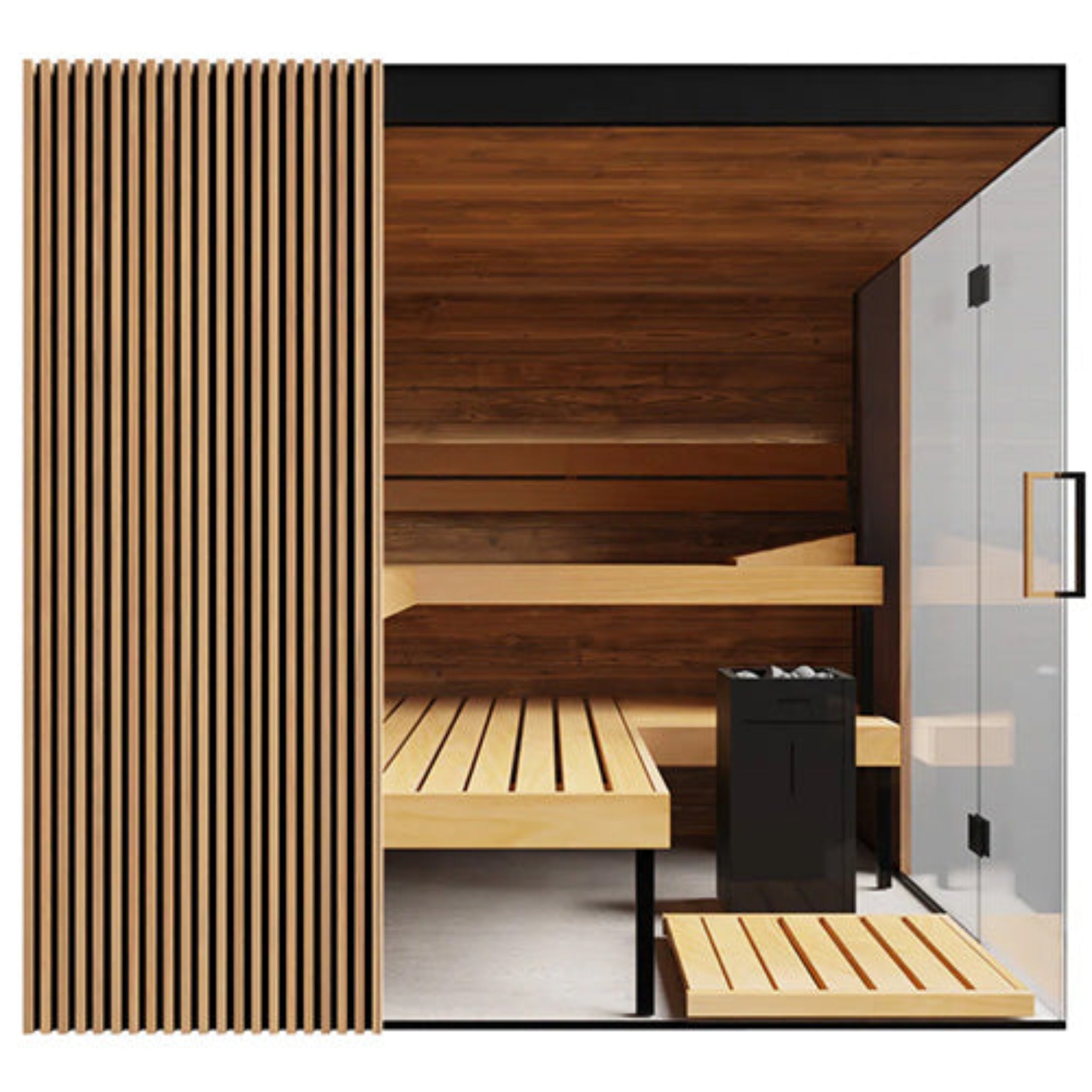 ThermaSol-Aalto Wooden sauna with glass door interior view of heater and benches