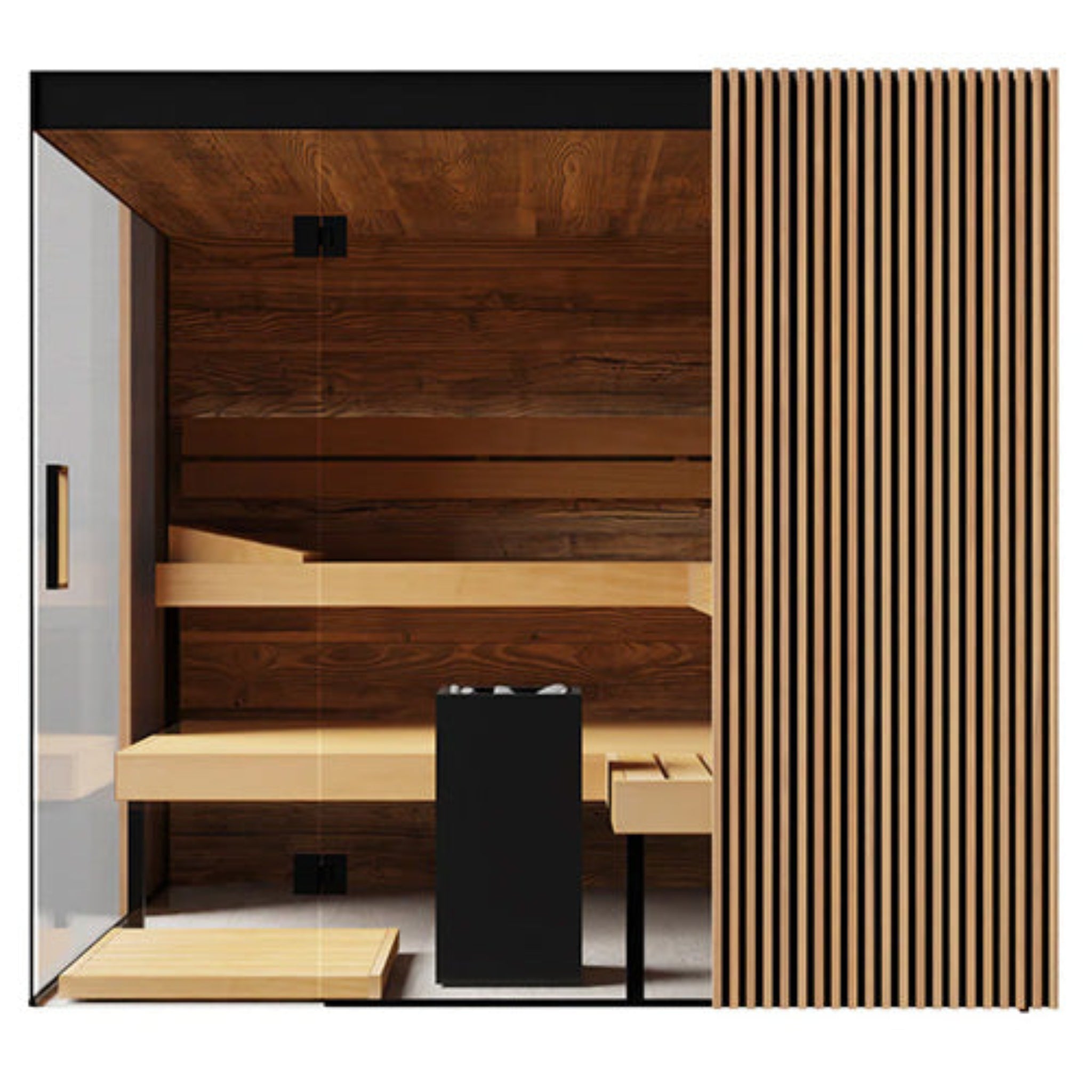ThermaSol-Aalto sauna with benches and heater, interior view
