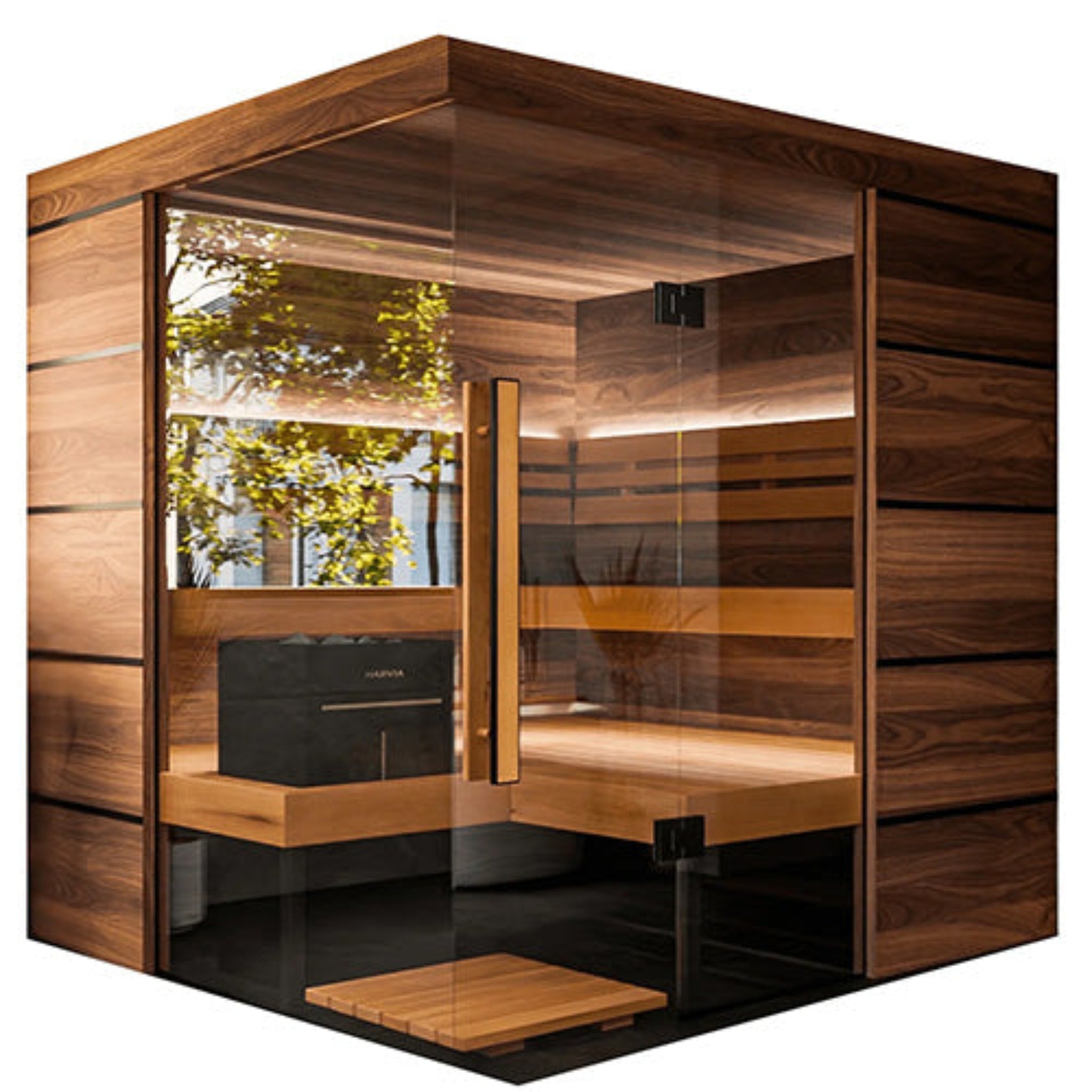 ThermaSol Astra Wooden sauna with glass walls and a black heater inside, on a white background