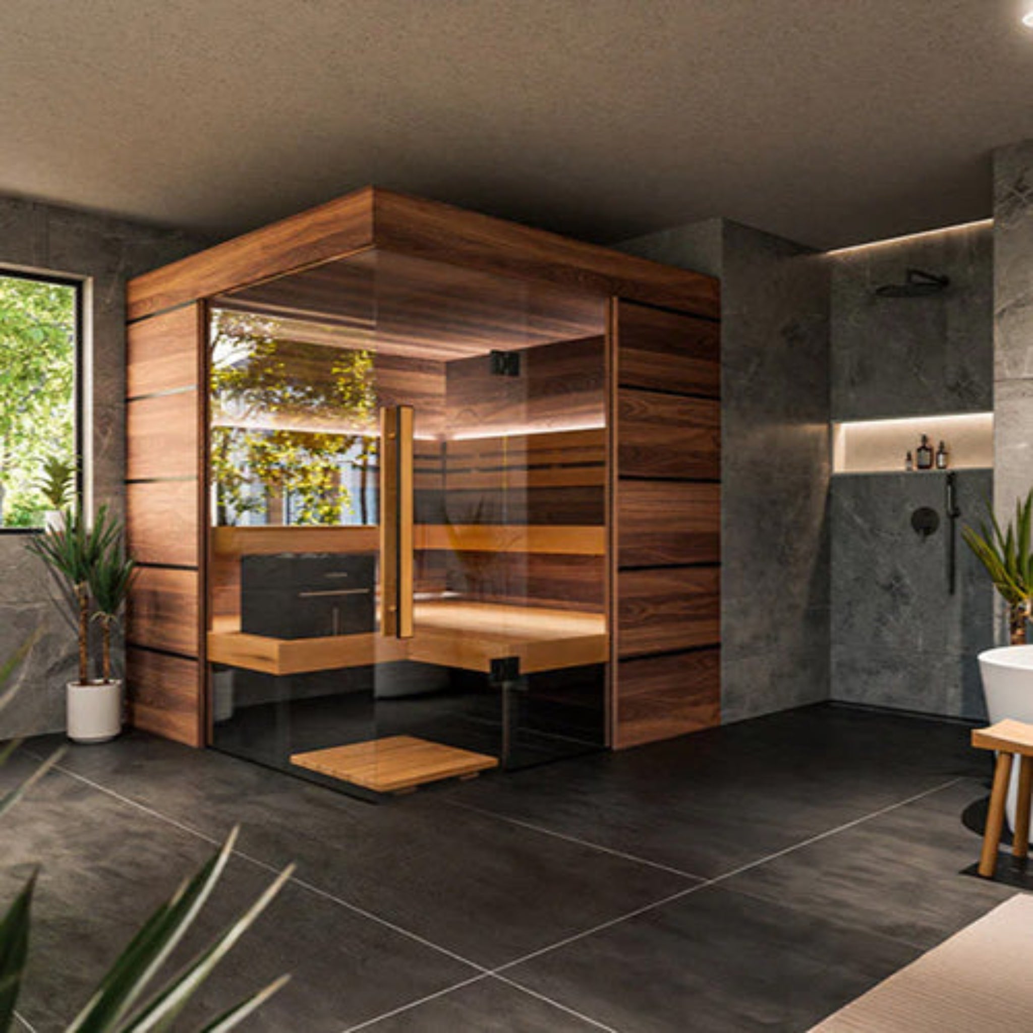 ThermaSol Astra in a Modern steam room with wooden interior and gray tiled floor