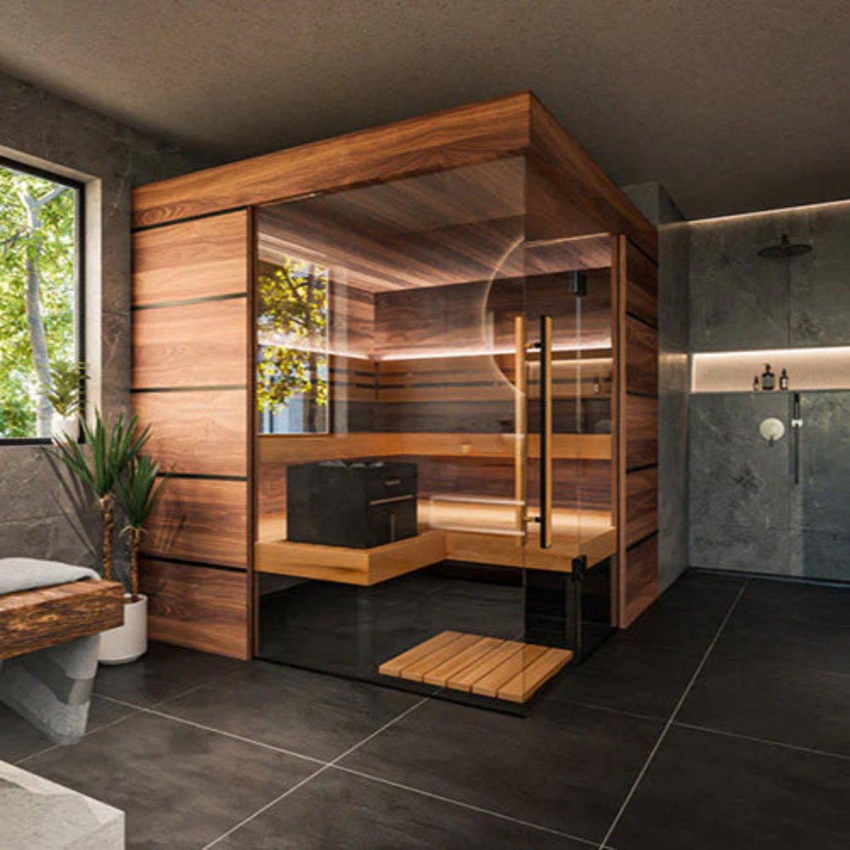 ThermaSol Astra Wooden Indoor Sauna with glass door in a modern bathroom setting