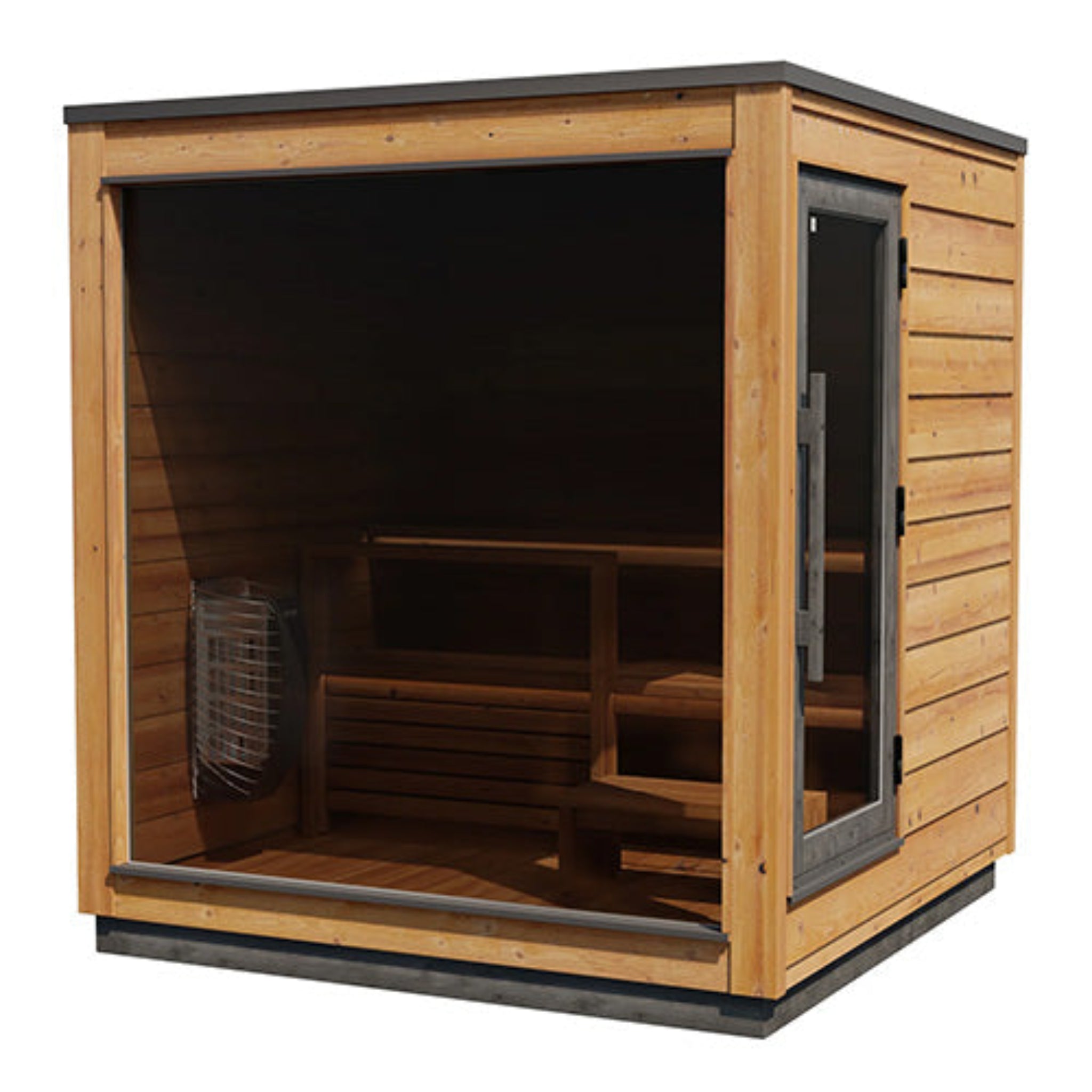 ThermaSol Nordic Dawn sauna with interior benches and a sauna heater on a white background
