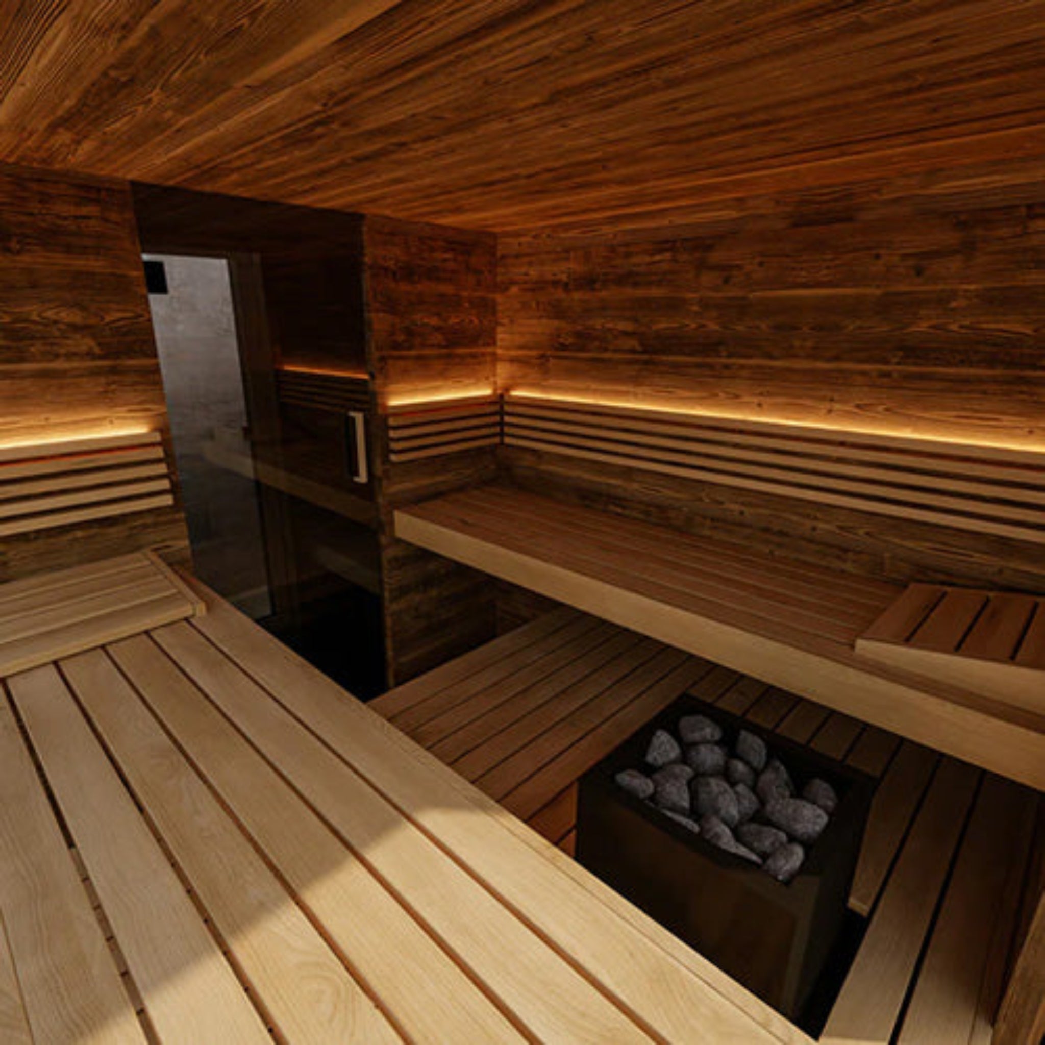 ThermaSol Ombra sauna interior with thermo-aspen benches, floor-to-ceiling windows, and RGB LED color lighting