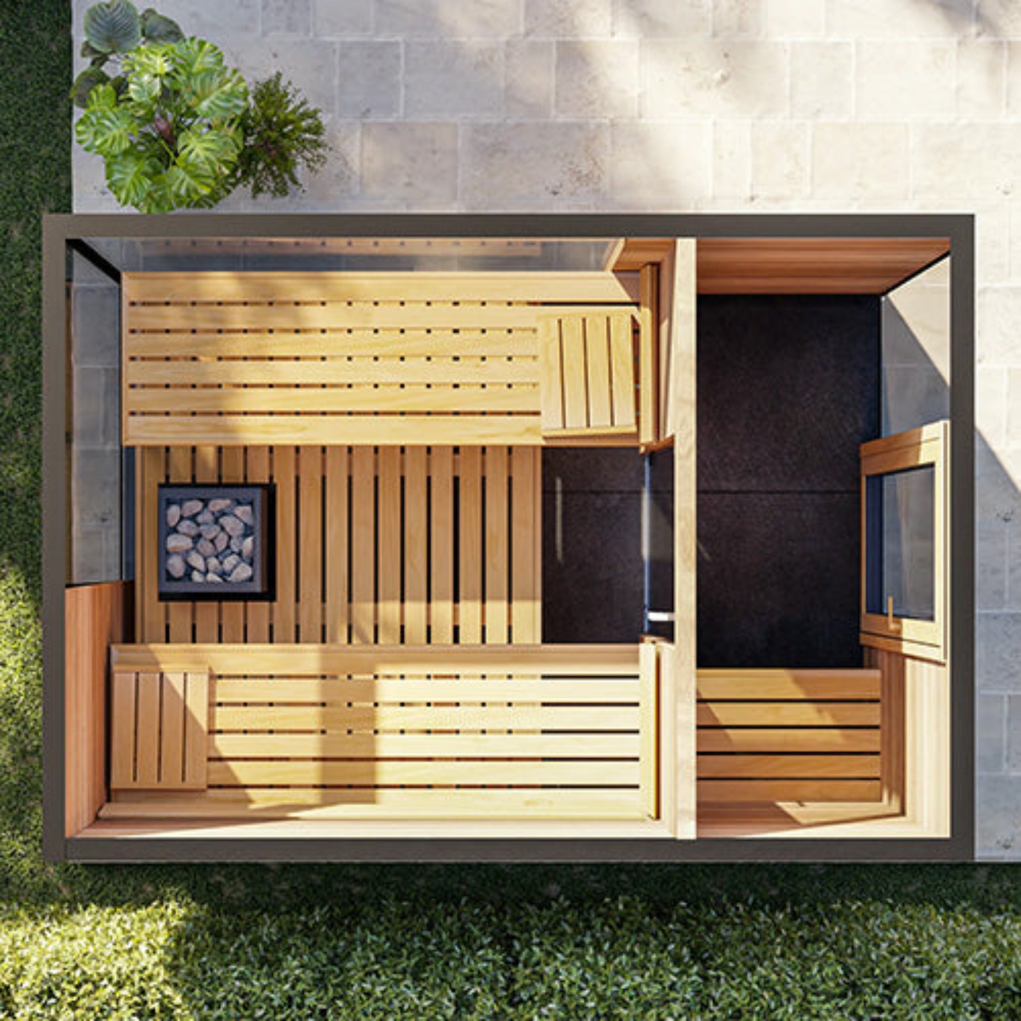 ThermaSol Ombra fully assembled outdoor sauna cabin with integrated dressing lounge for 4–5 people