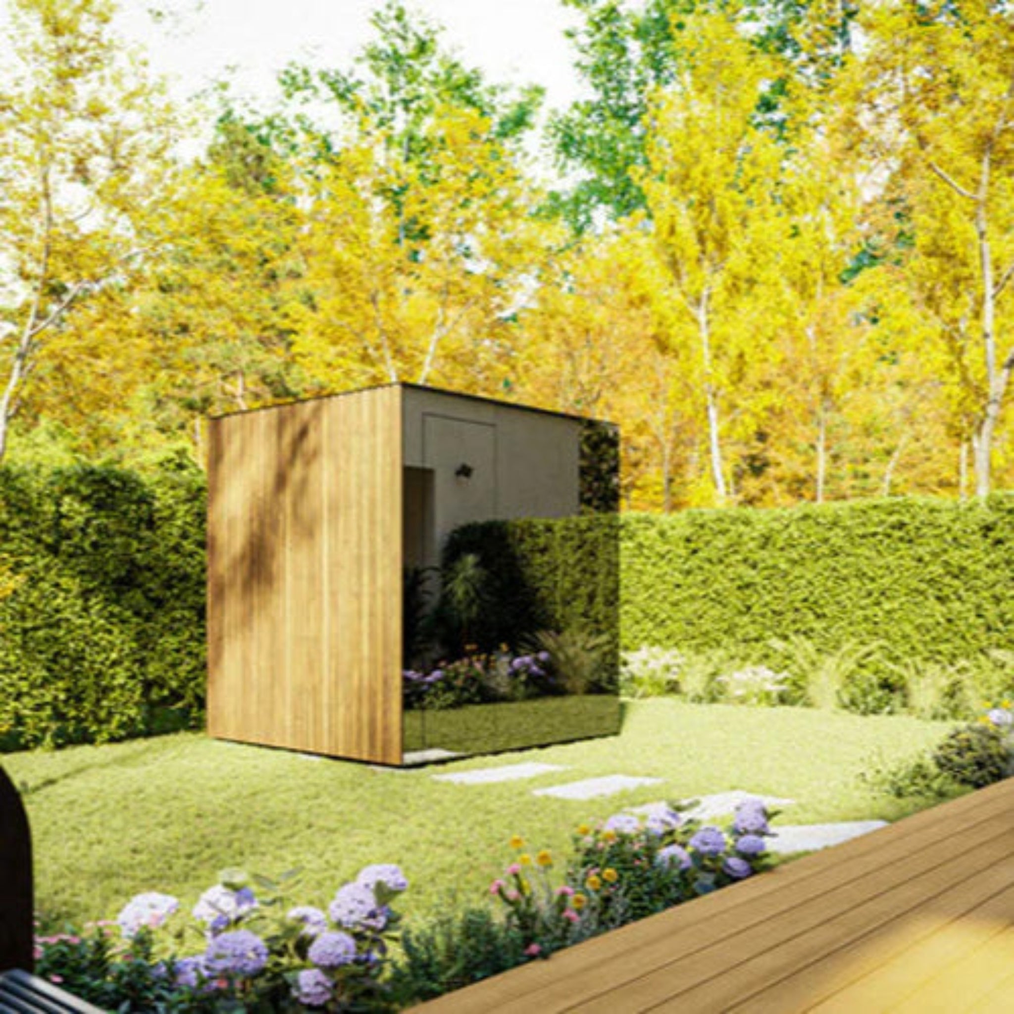 ThermaSol Spectra fully assembled outdoor sauna front view with tinted glass door