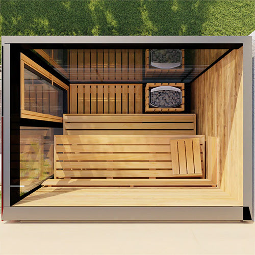 ThermaSol Vera sauna looking from the top downward inside showing the bench and heater in a backyard