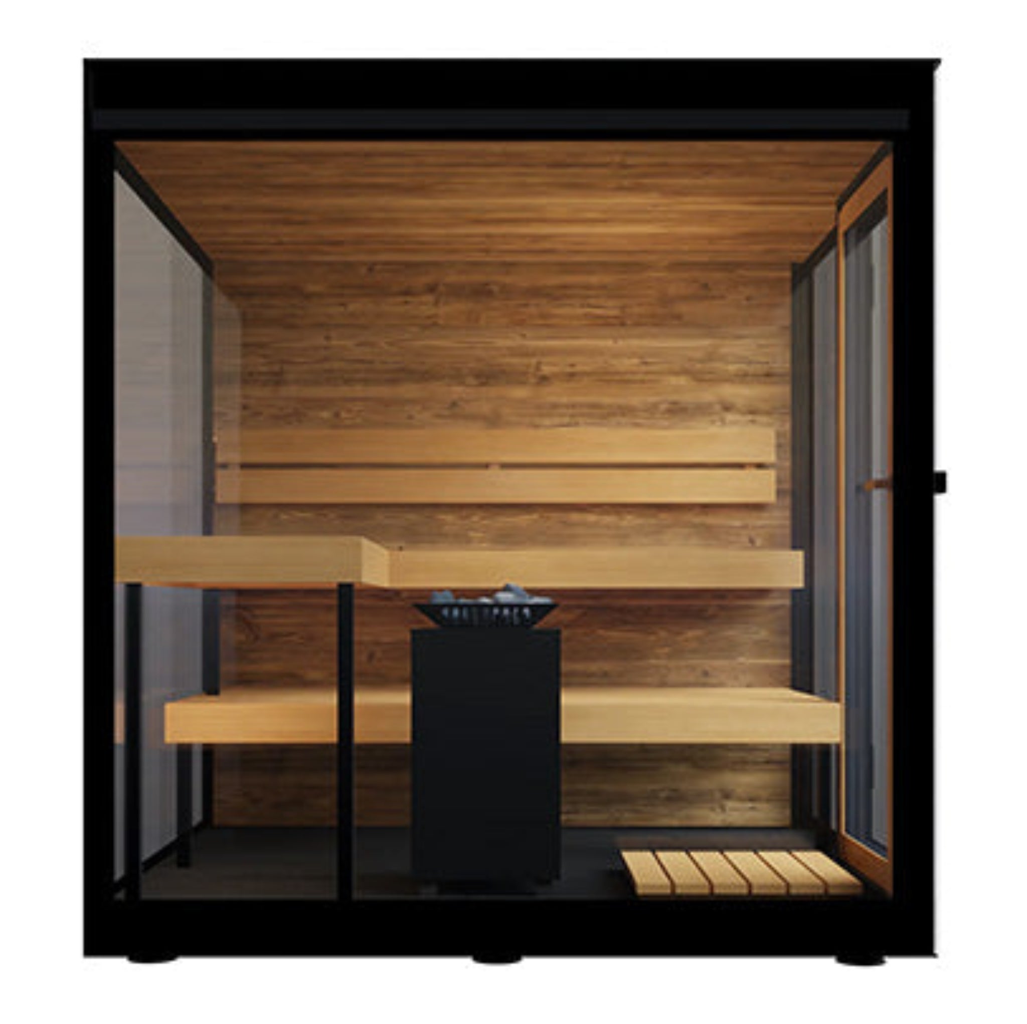 ThermaSol Vue sauna interior RGB LED color lighting with thermo-aspen bench and backrests