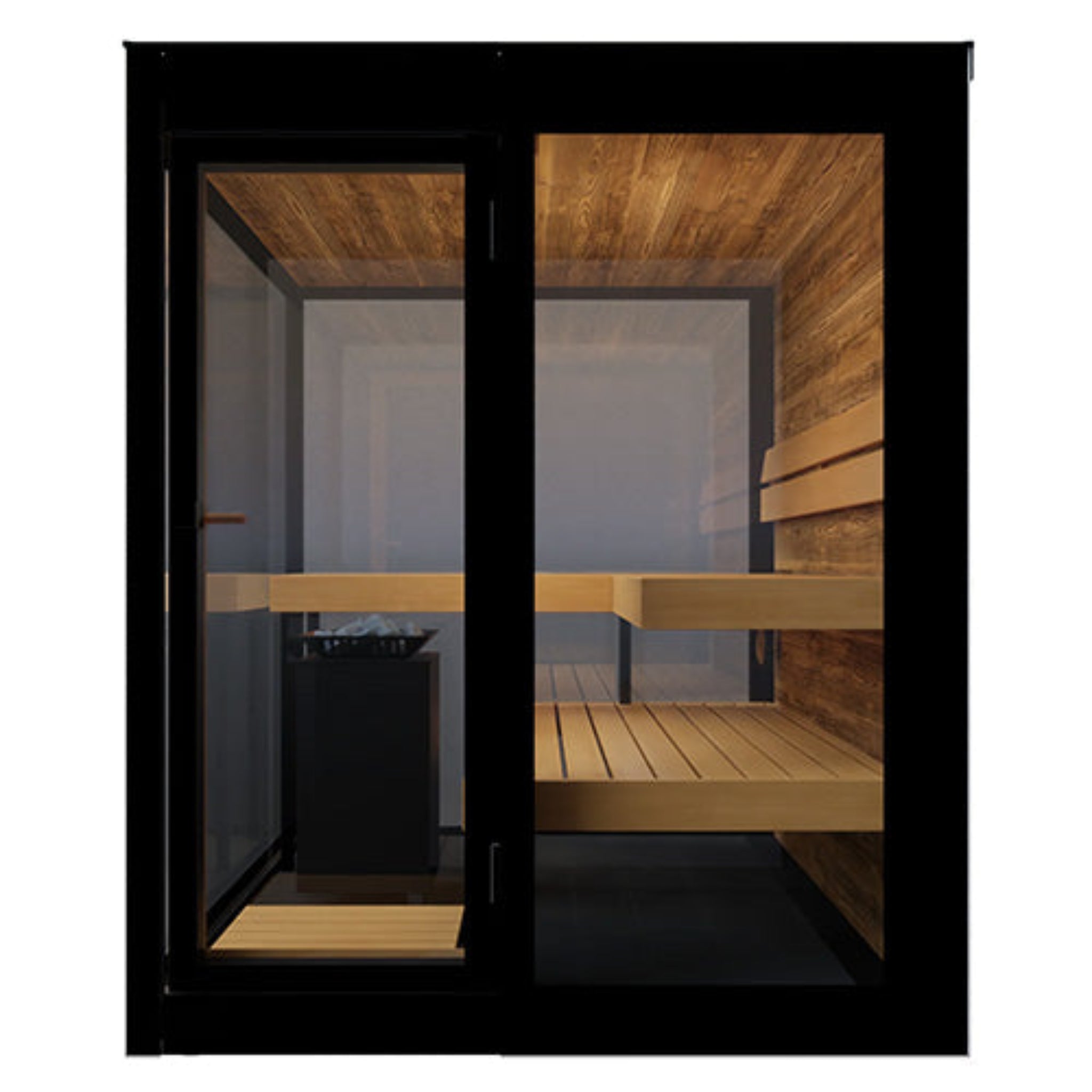 ThermaSol Vue sauna interior with thermo-aspen benches and floor-to-ceiling panoramic glass windows