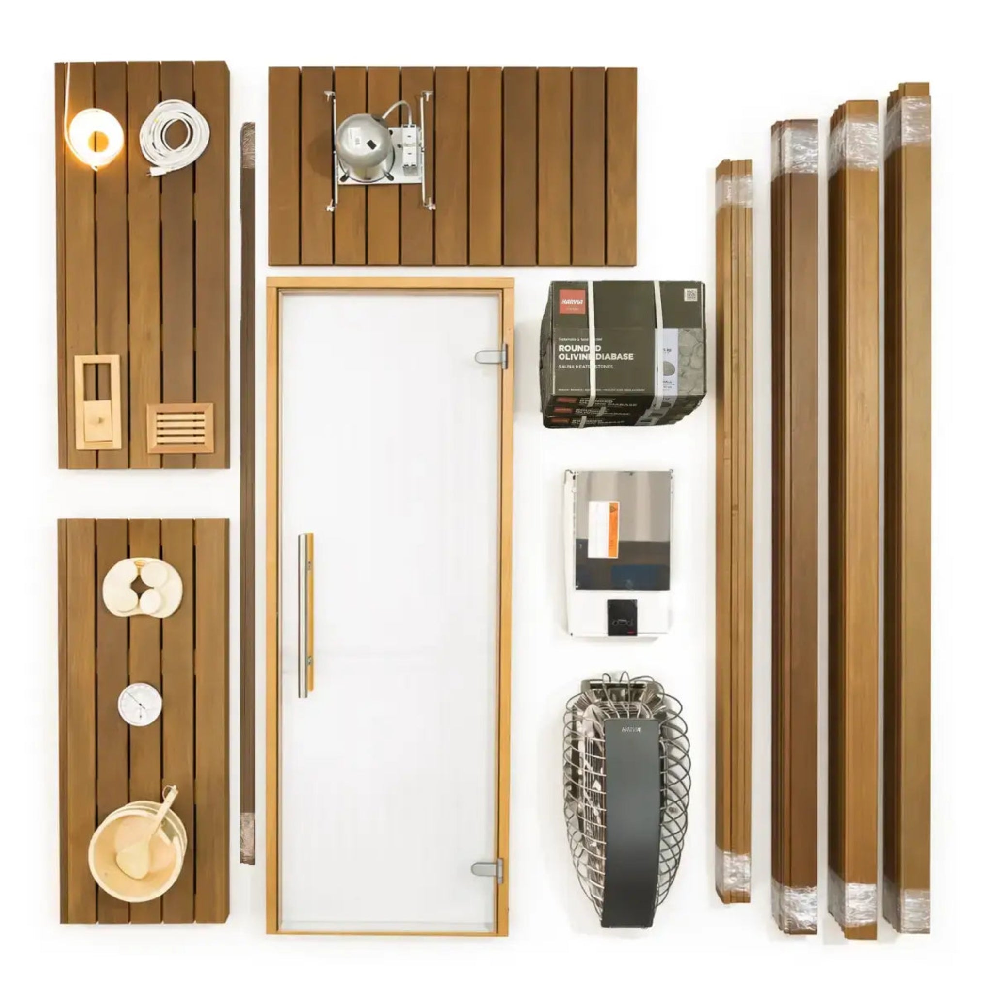 Collection of sauna equipment including wooden panels, a door, and accessories on a white background