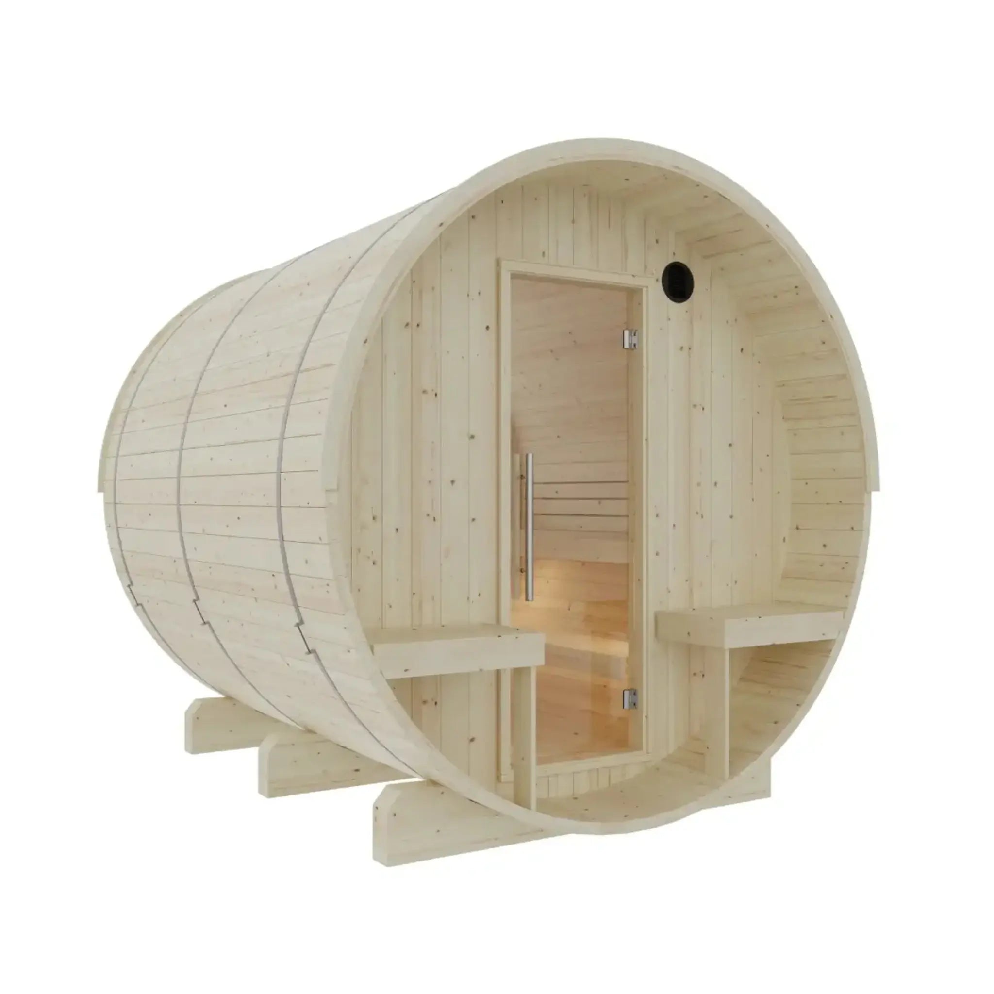 Turku Finnish Barrel Sauna with Terrace and WiFi Heater from view angle on white background