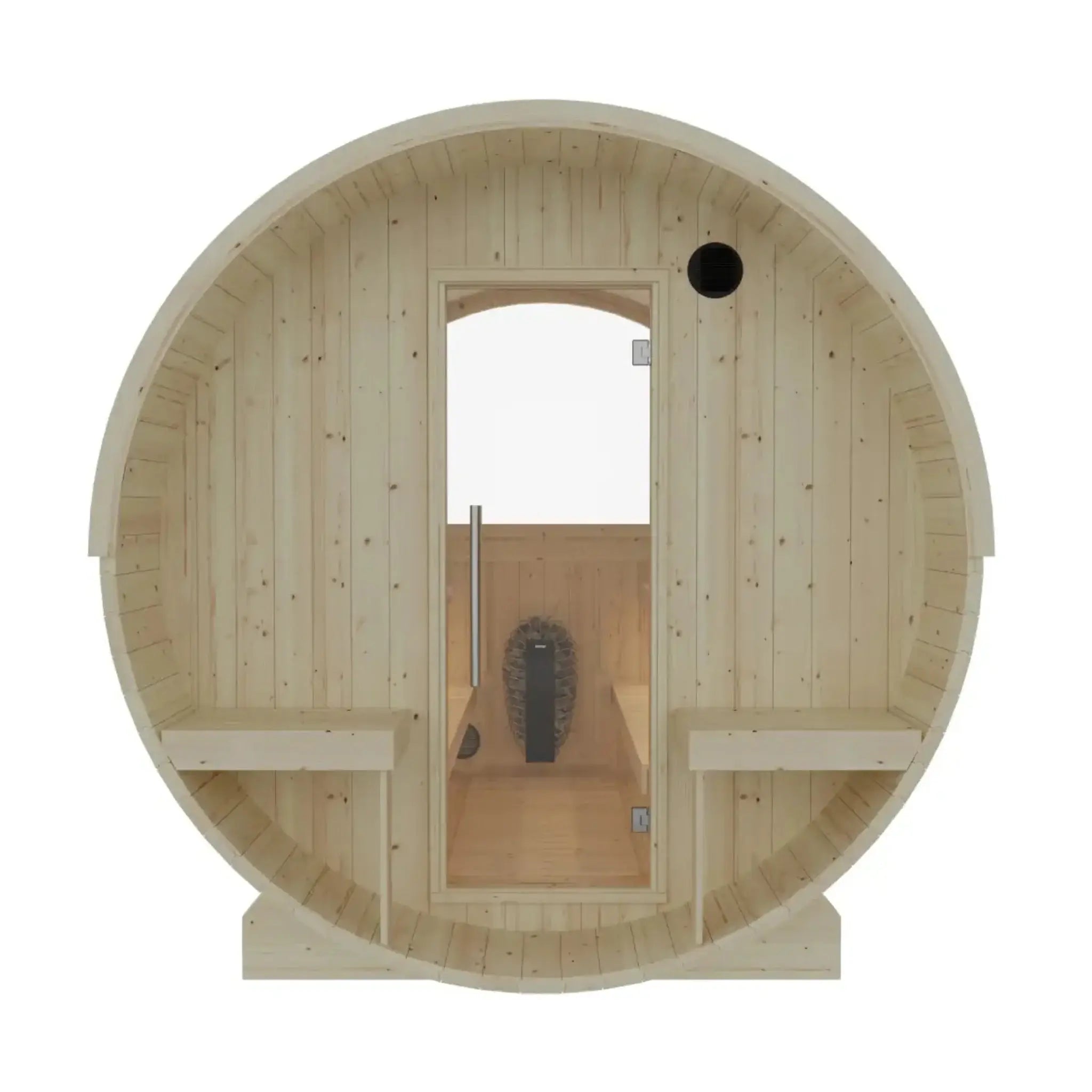 Turku Finnish Barrel Sauna with Terrace and WiFi Heater from view on white background