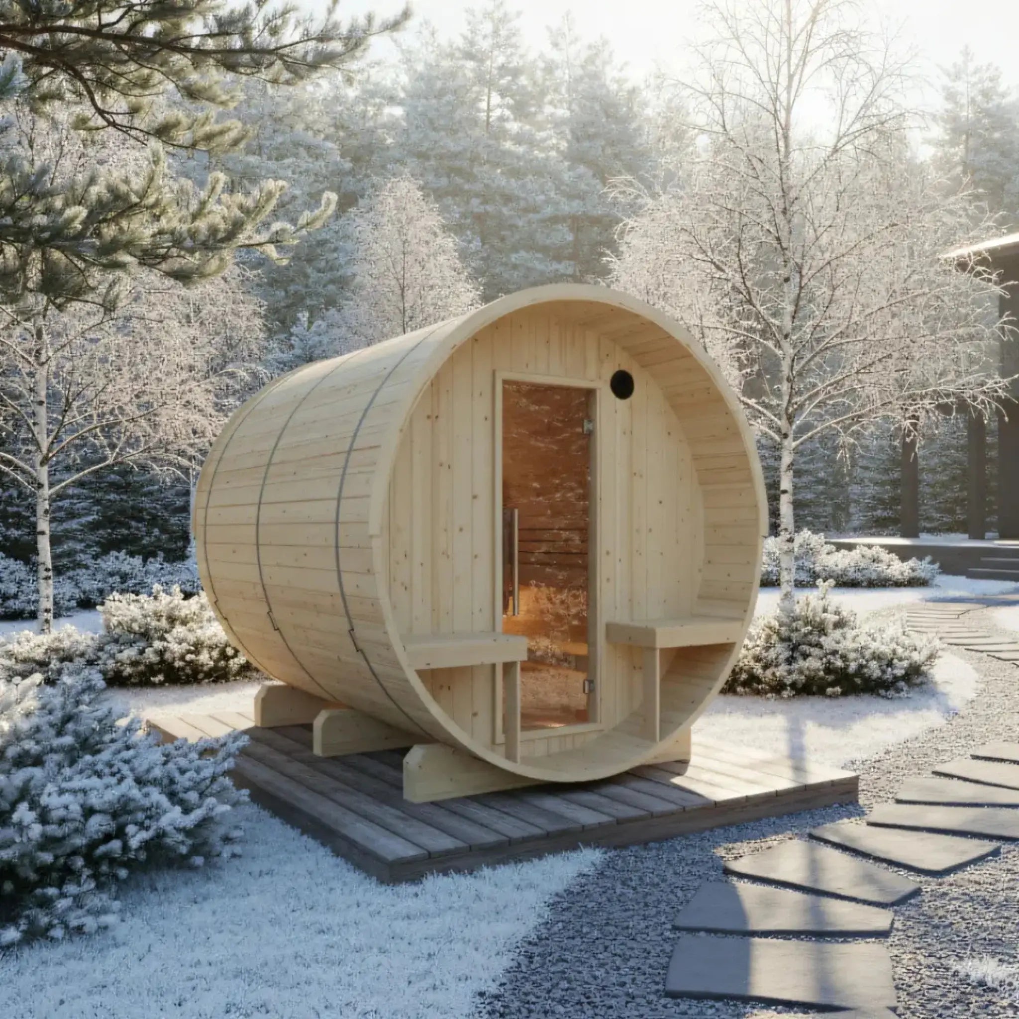 Turku Finnish Barrel Sauna with Terrace and WiFi Heater in a snowy yard