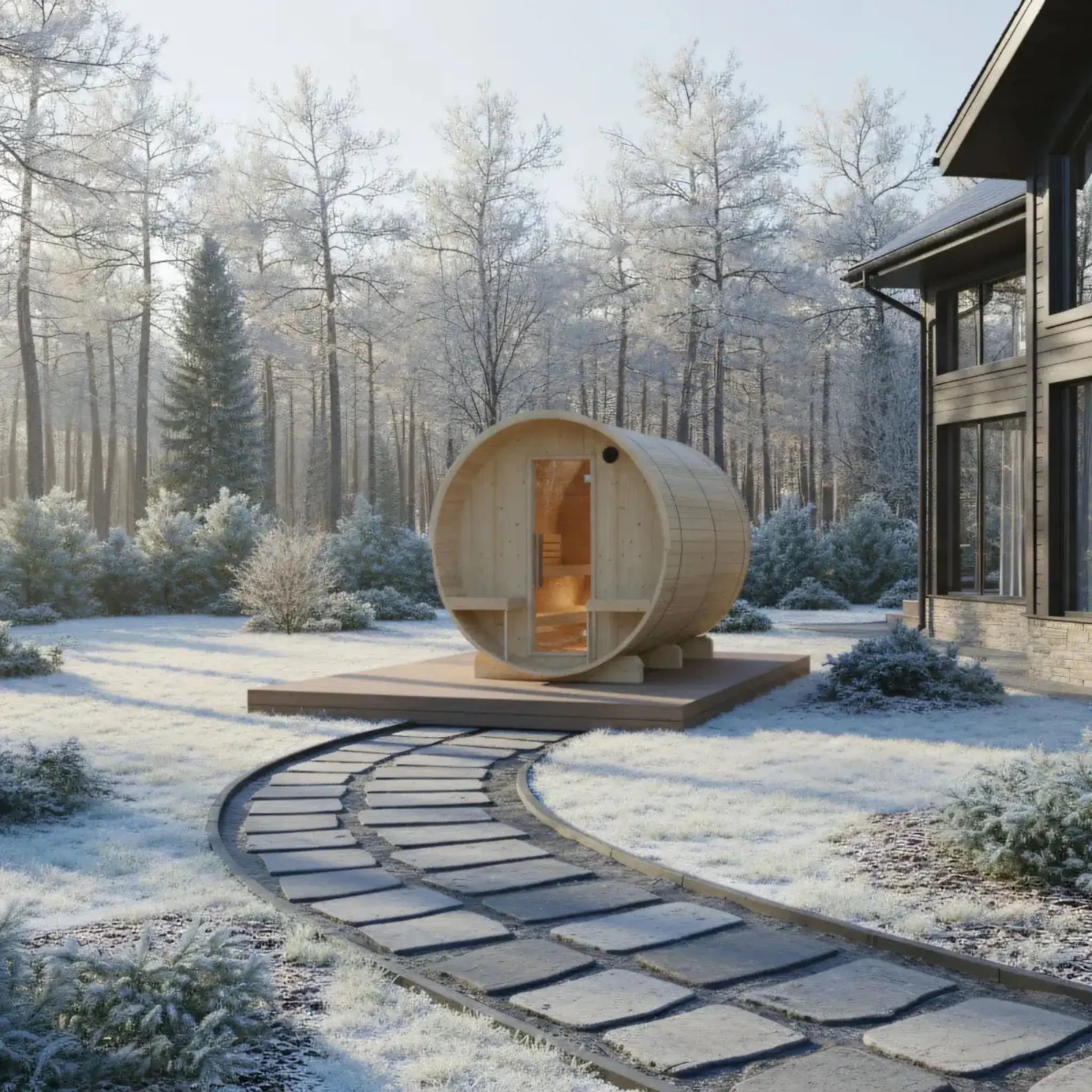 Turku Finnish Barrel Sauna with Terrace and WiFi Heater lifestyle snow view