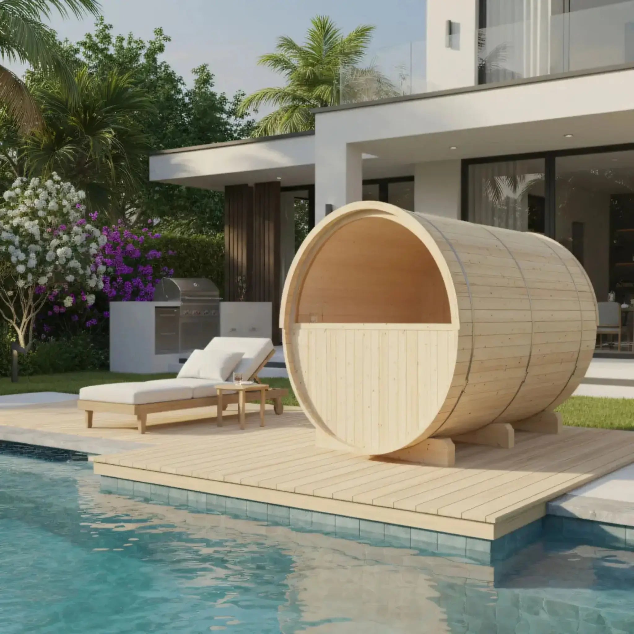 Turku Finnish Barrel Sauna with Terrace and WiFi Heater lifestyle back view by swimming pool