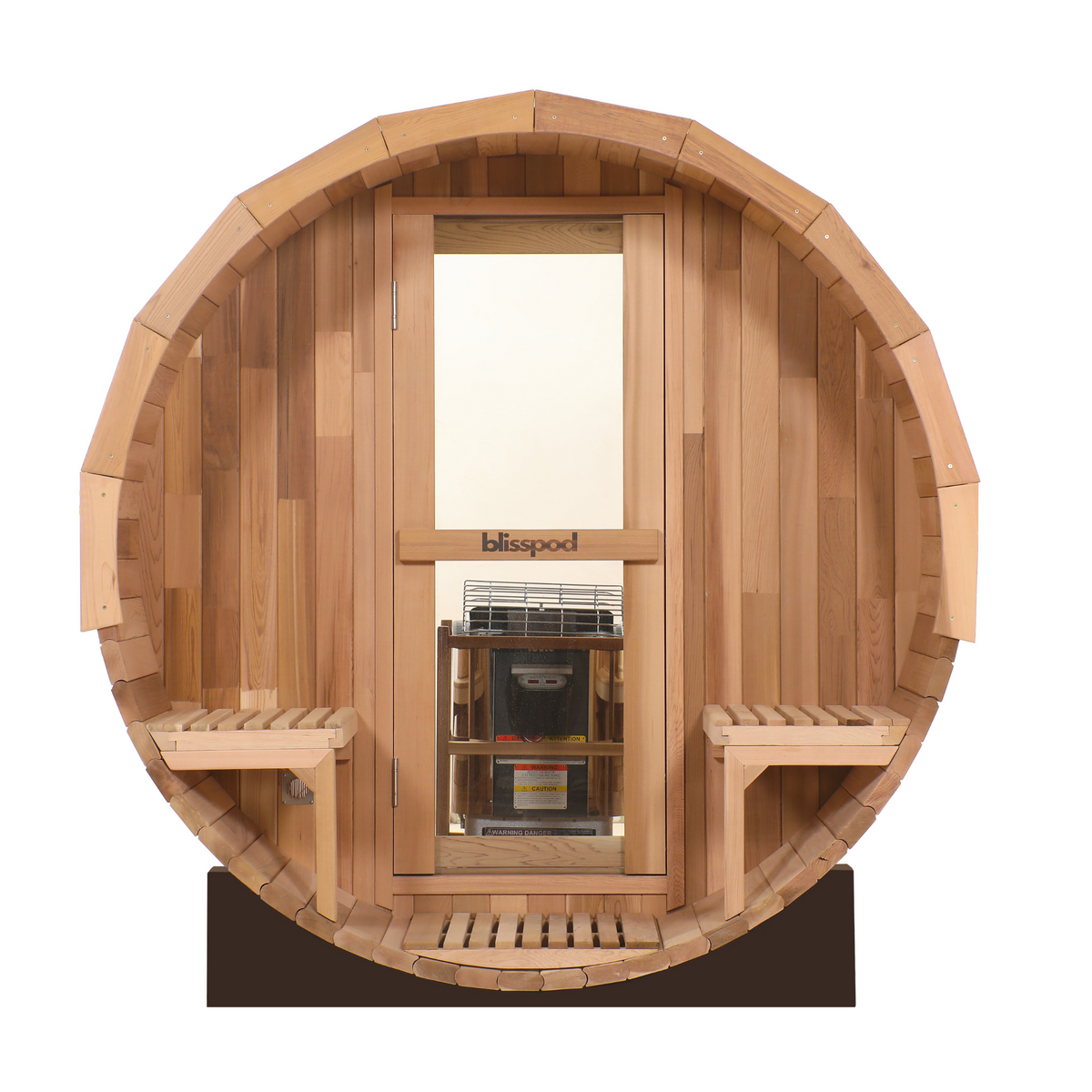 Blisspod | Prague round wooden sauna cabin with built-in benches, a glass door, and a visible steam generator behind the door, shown on a plain white background. The brand name 'blisspod' is printed on the door frame.