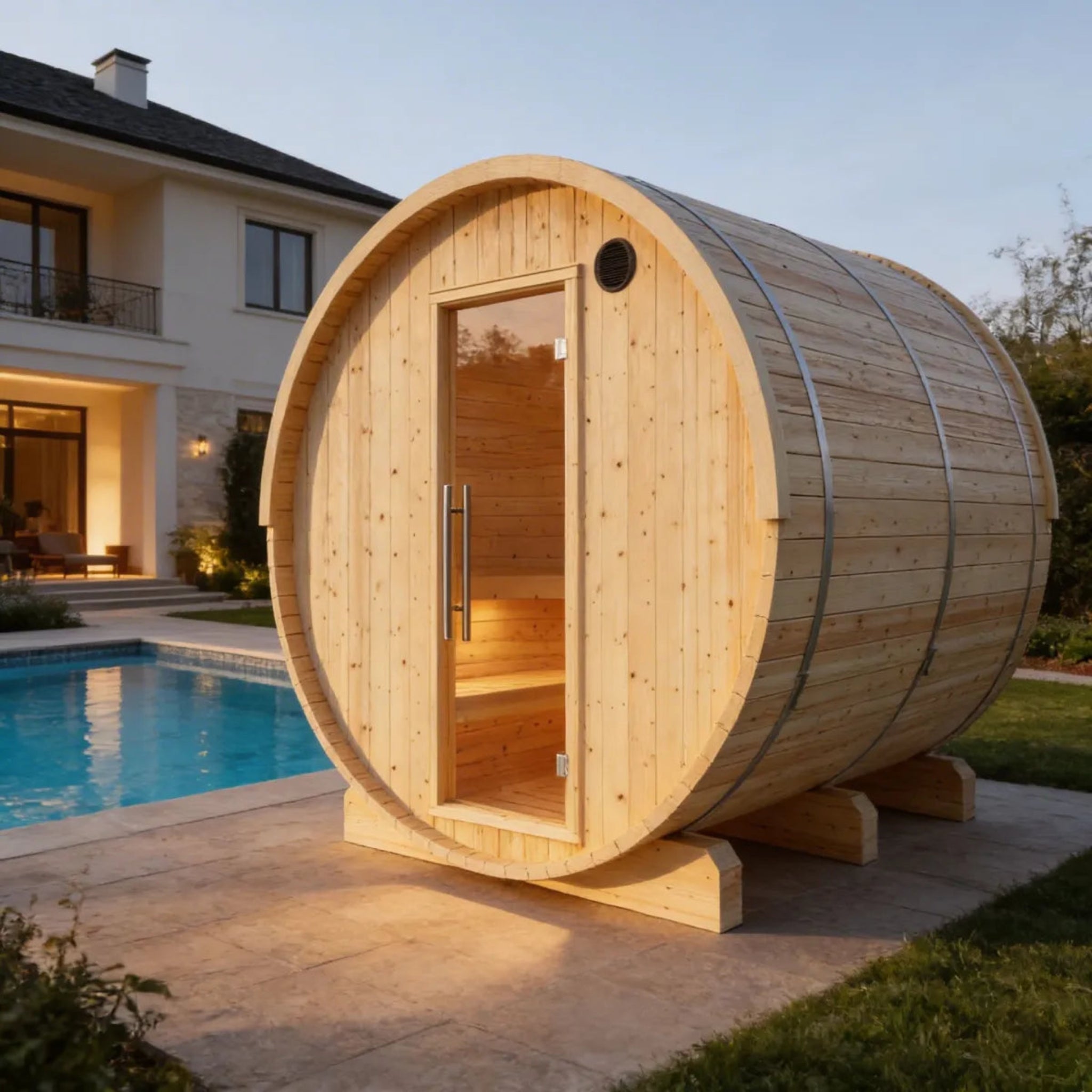 Vassa Finnish Barrel Sauna with WiFi Heater lifestyle view