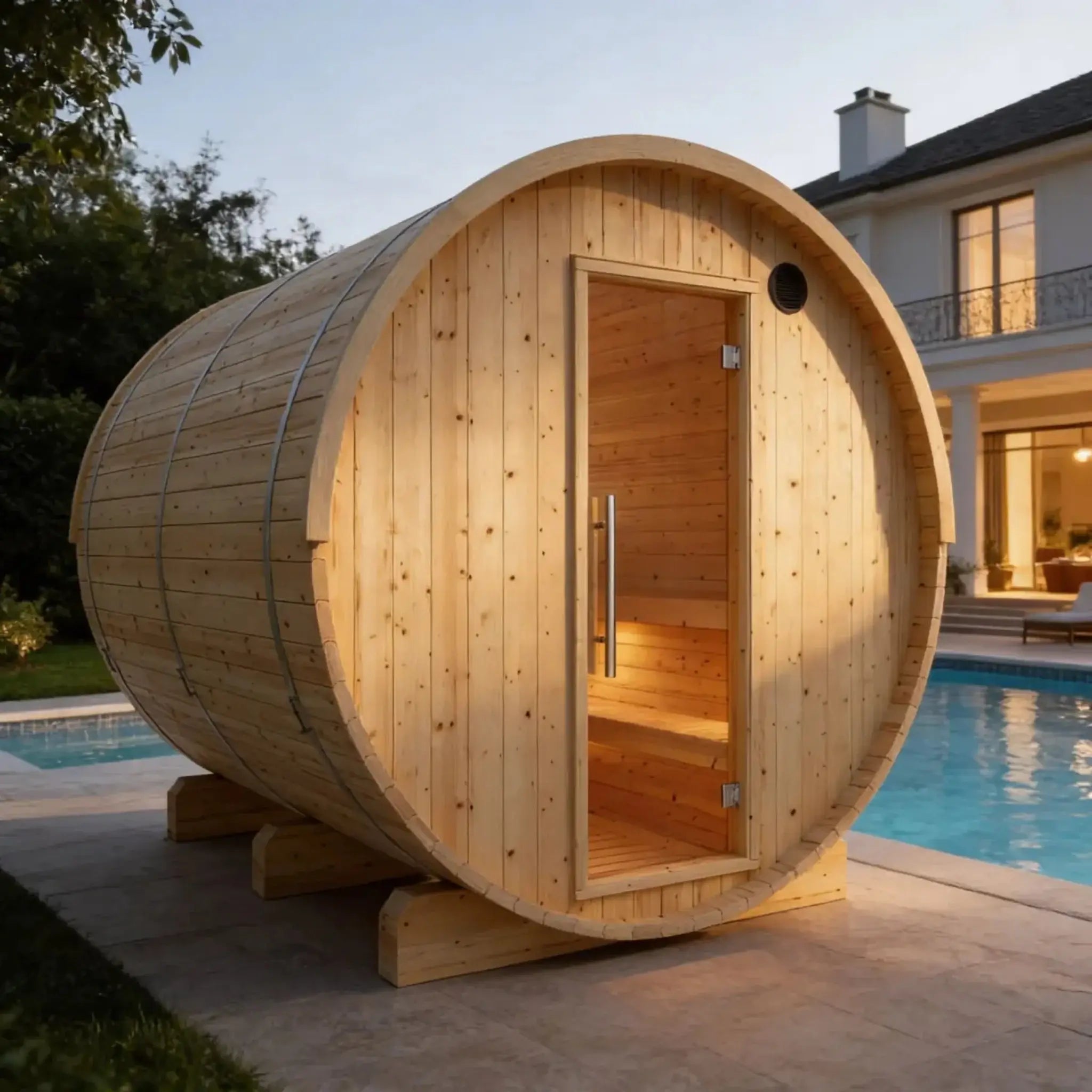 Vassa Finnish Barrel Sauna with WiFi Heater lifestyle side view