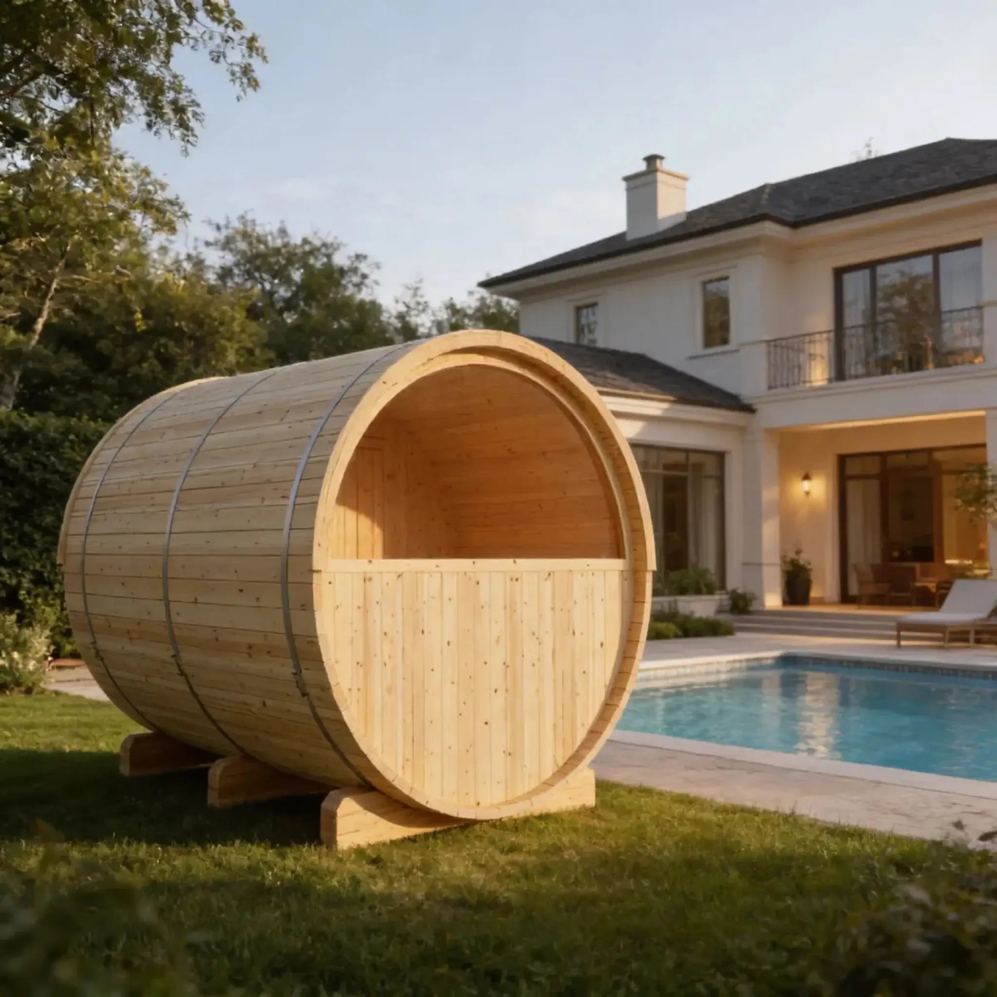 Vassa Finnish Barrel Sauna with WiFi Heater life3style back view