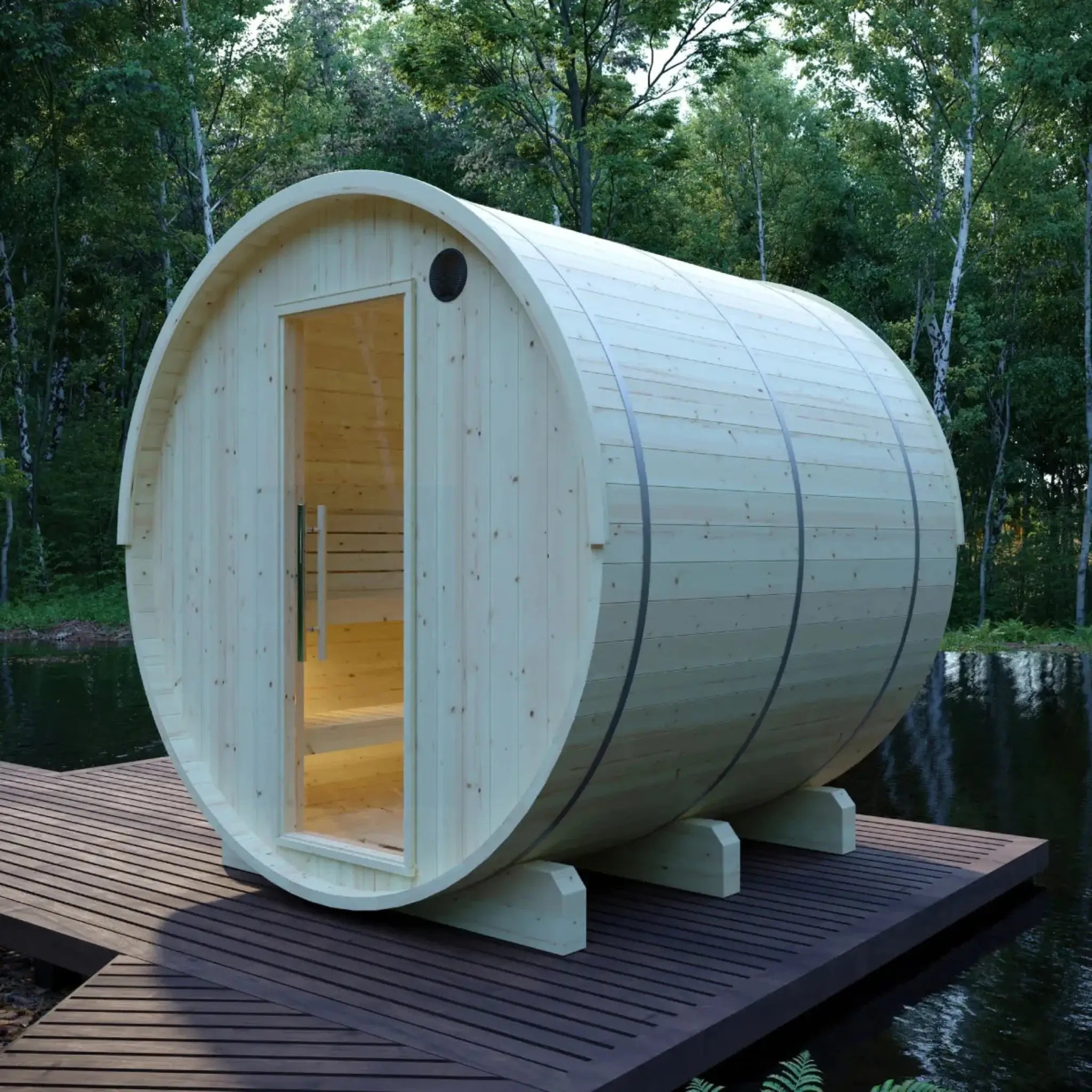 Vassa Finnish Barrel Sauna with WiFi Heater outside lifestyle