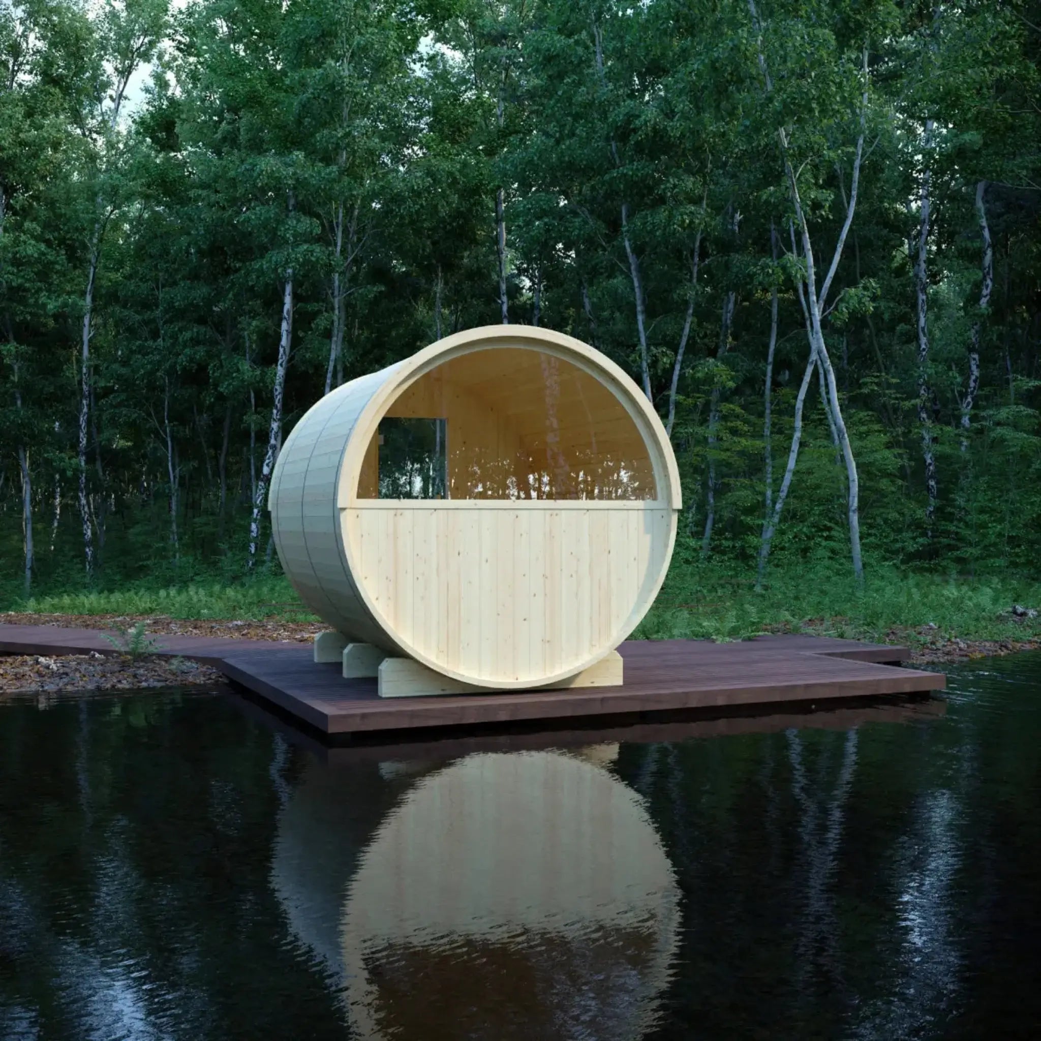 Vassa Finnish Barrel Sauna with WiFi Heater lifestyle window view