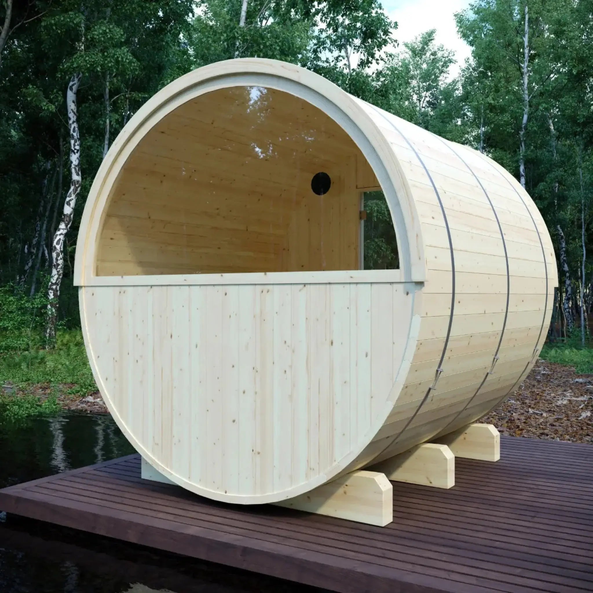 Vassa Finnish Barrel Sauna with WiFi Heater window side view