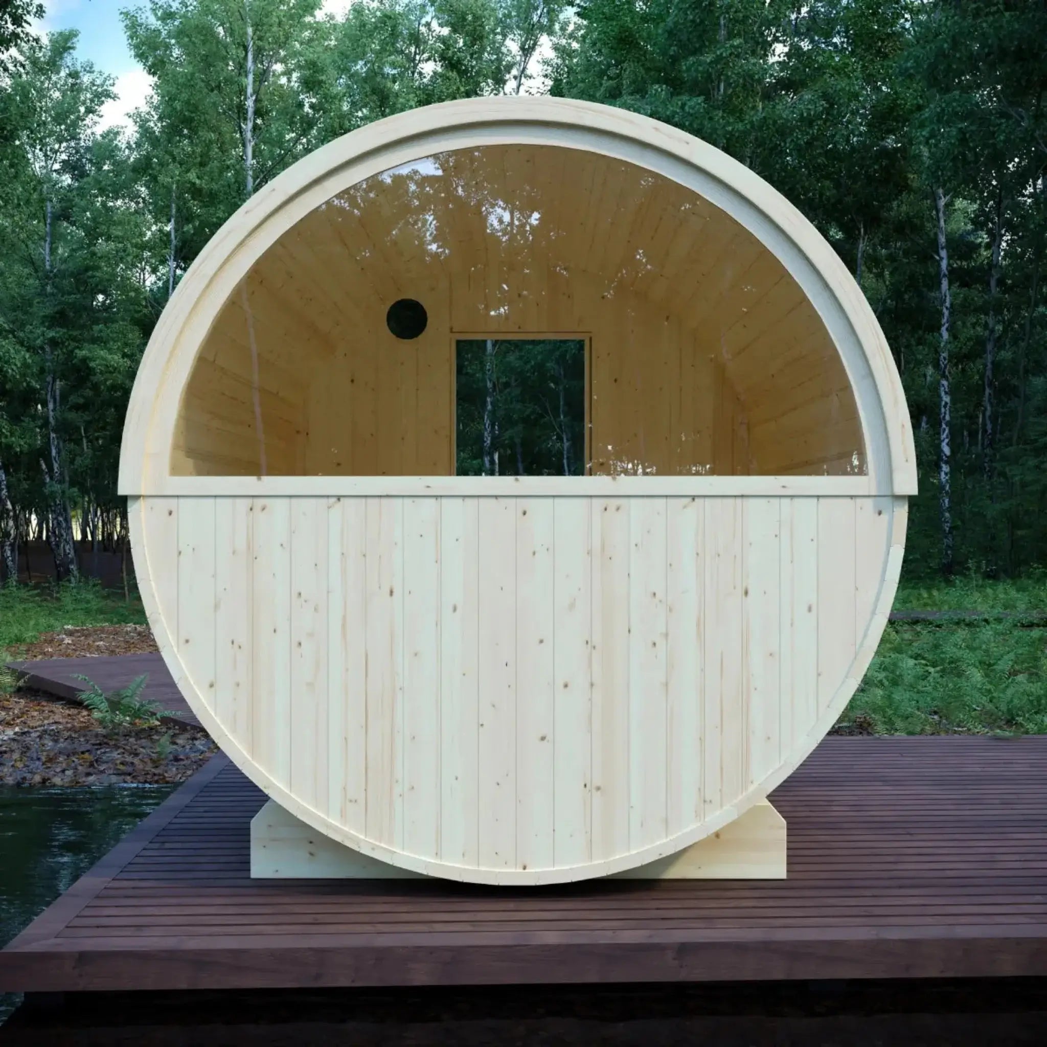 Vassa Finnish Barrel Sauna with WiFi Heater back side