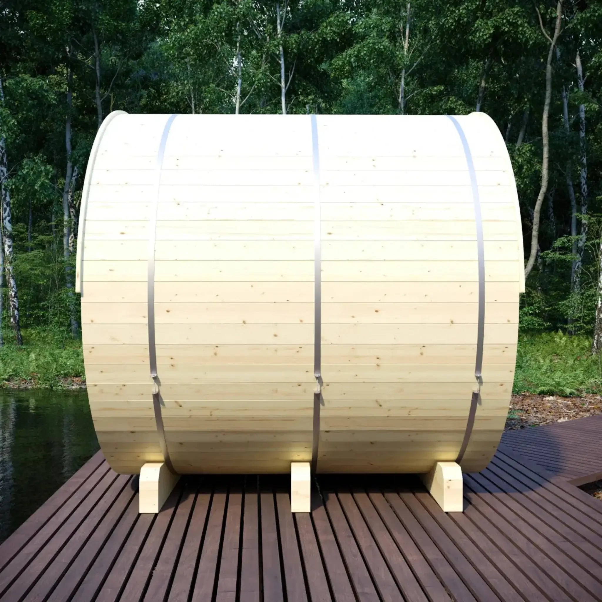 lifestyle side view of Vassa Finnish Barrel Sauna with WiFi Heater