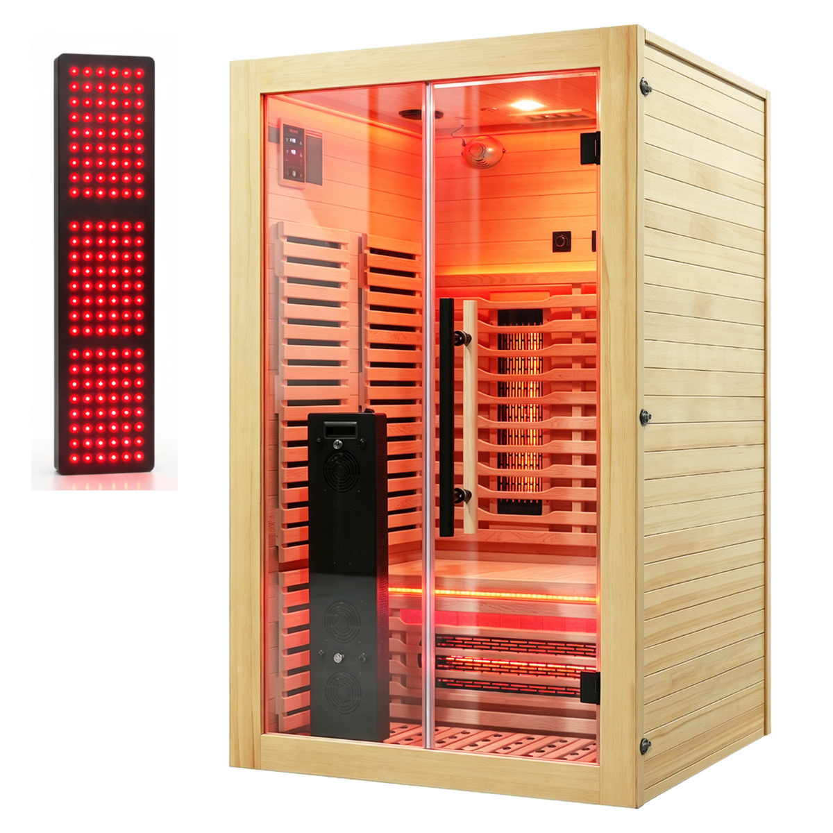 BLisspod Venetian sauna cabin with glass doors, illuminated by warm red-orange interior lights, shown on a white background with a separate LED light panel inset on the left.