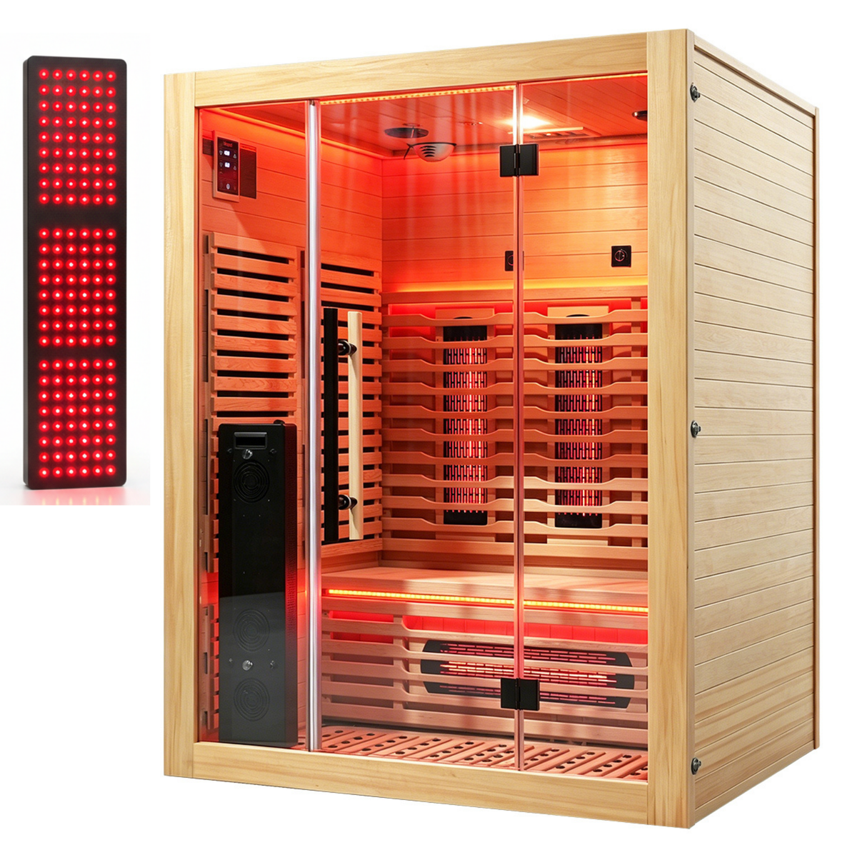 Blisspod Venetian infrared sauna cabin with warm red-orange interior lighting, shown on a white background with a separate red LED control panel inset on the left.
