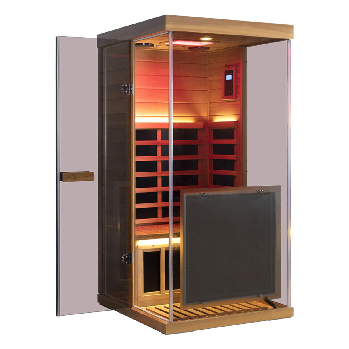 Wizzisaunas 909MX mini infrared sauna shown in red cedar with glowing lights