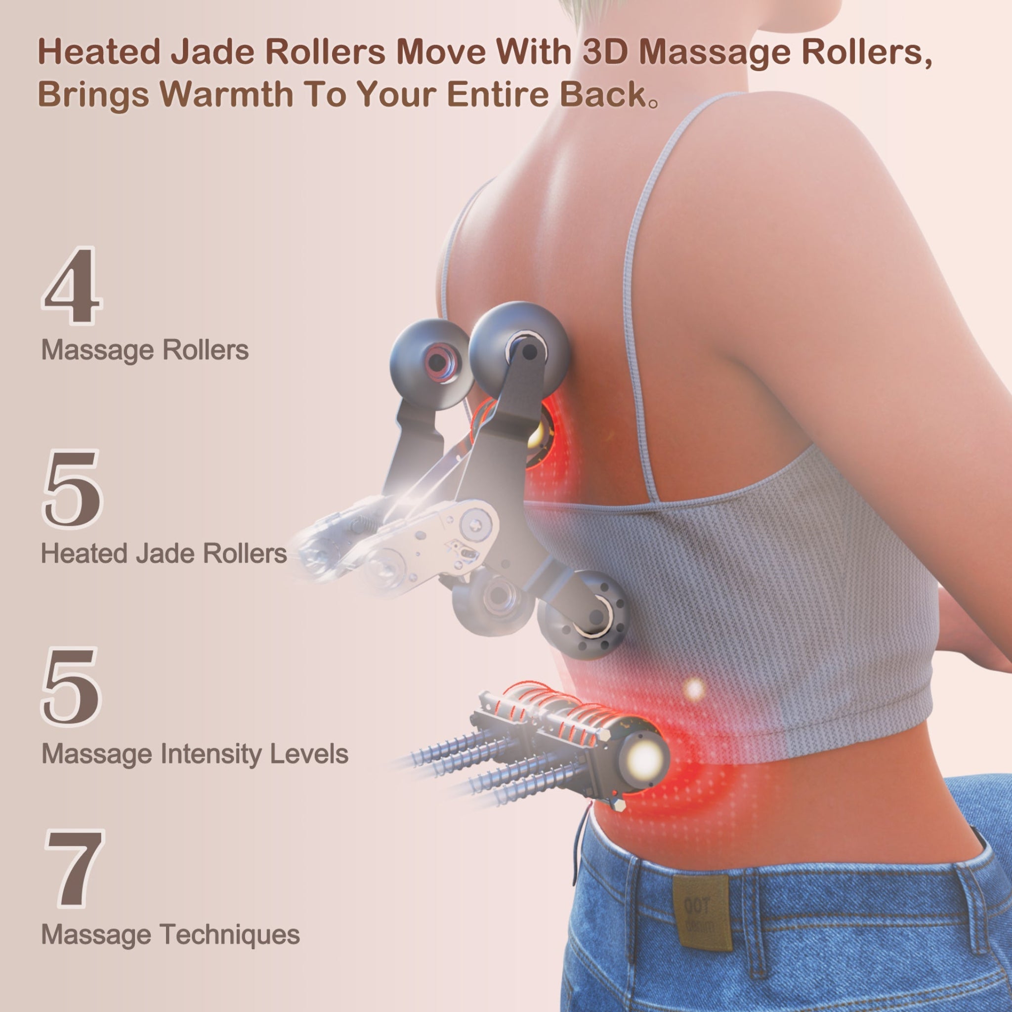 Heated jade stone massage chair features heated jade rollers moving with 3D massage rollers for full back comfort.