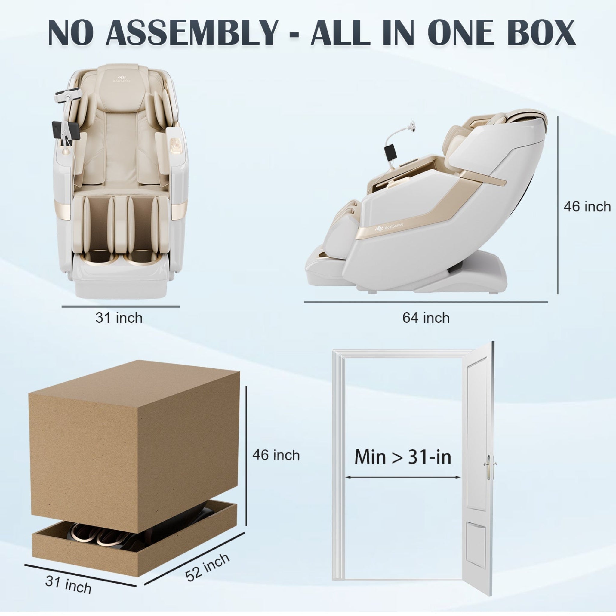 Specifications of KoziSense KZ-313 heated jade stone massage chair with customizable programs and massage techniques.
