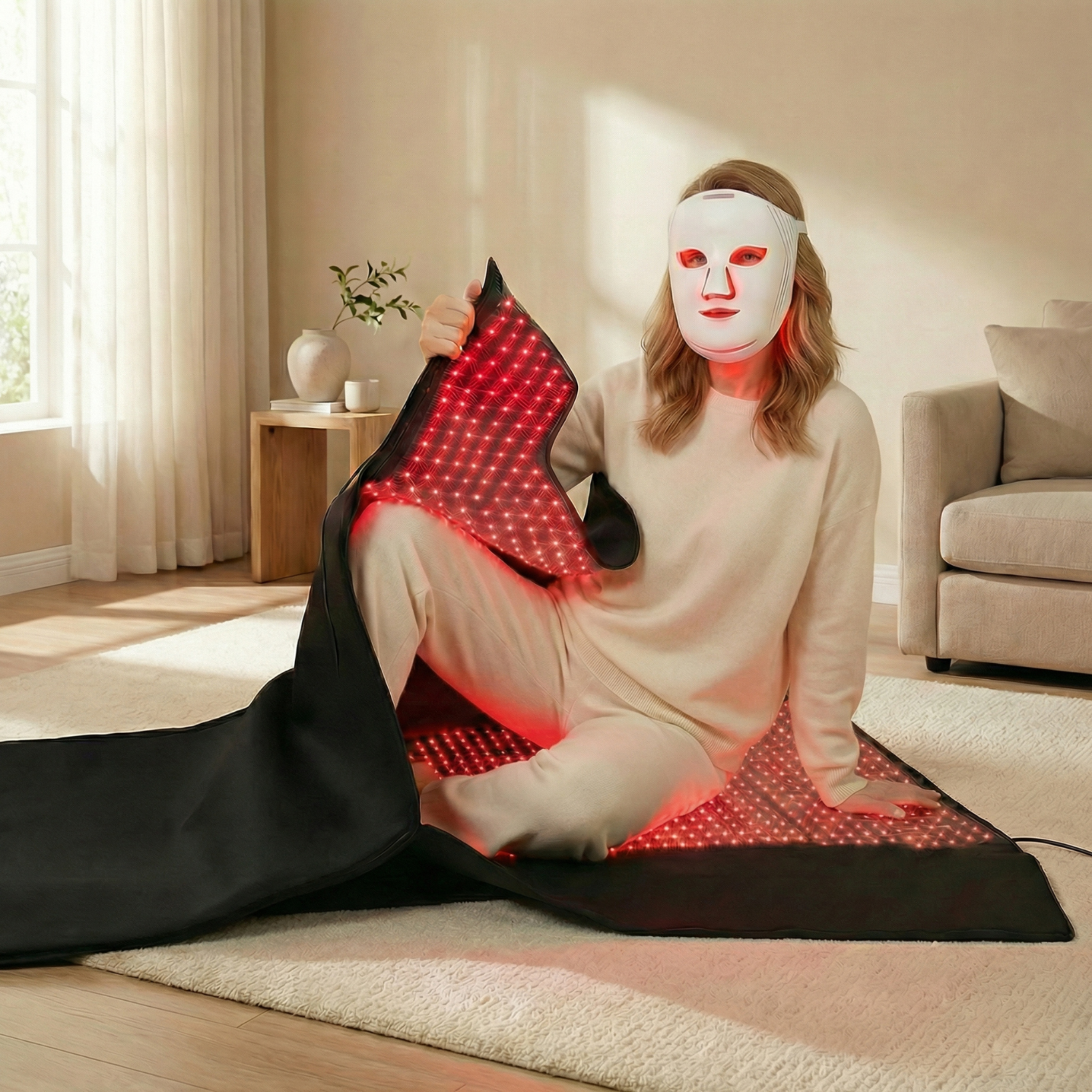 Nicebeam Red Light Therapy Bundle | Full Body Mat + Hat, Mask, Lamp or Bag in use at home with a user relaxing.