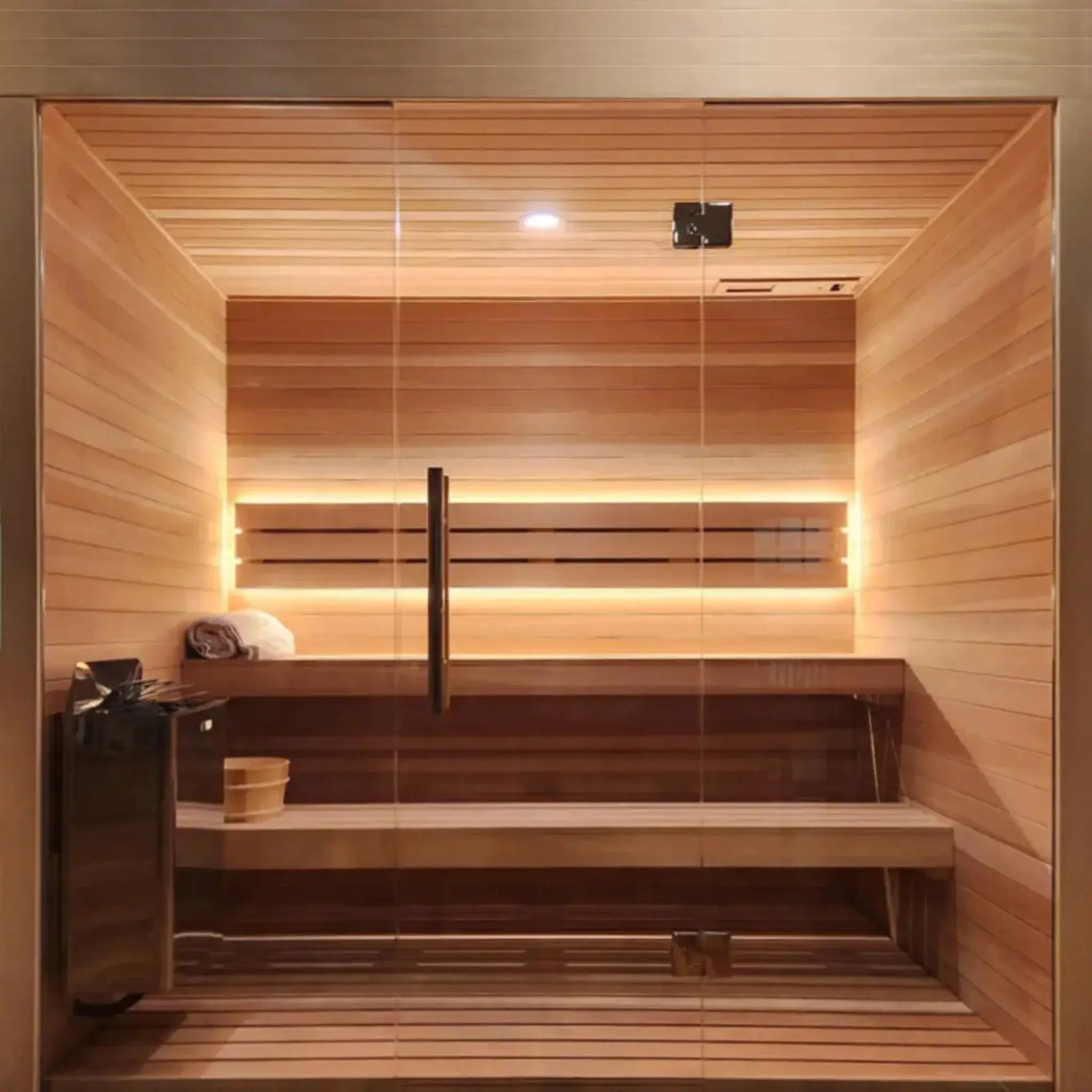 Wooden sauna with glass walls and built-in bench