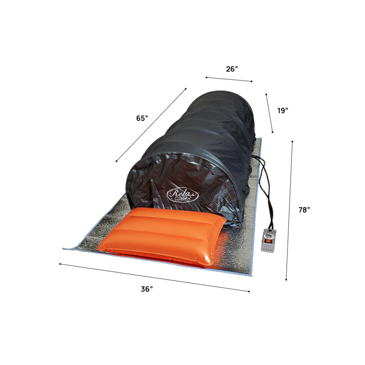 Therasage Flex Portable Lie-Down Infrared Sauna dimensions with a black tent and orange cushion.