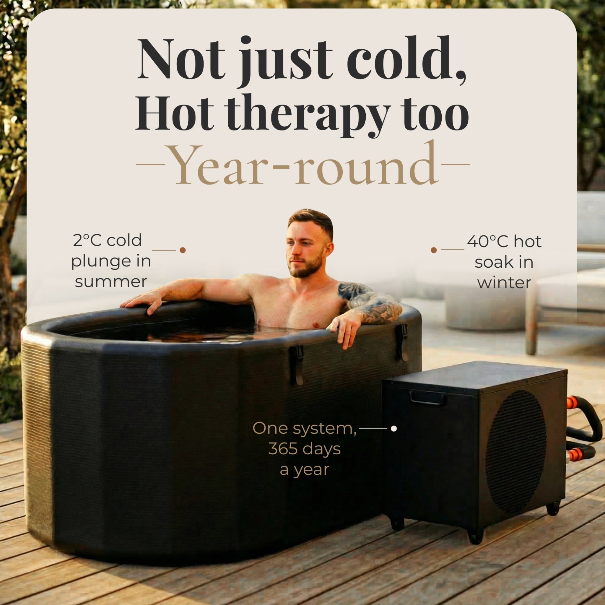 Person relaxing in a hot tub with text about year-round hot therapy, summer cold plunge, and winter hot soak.