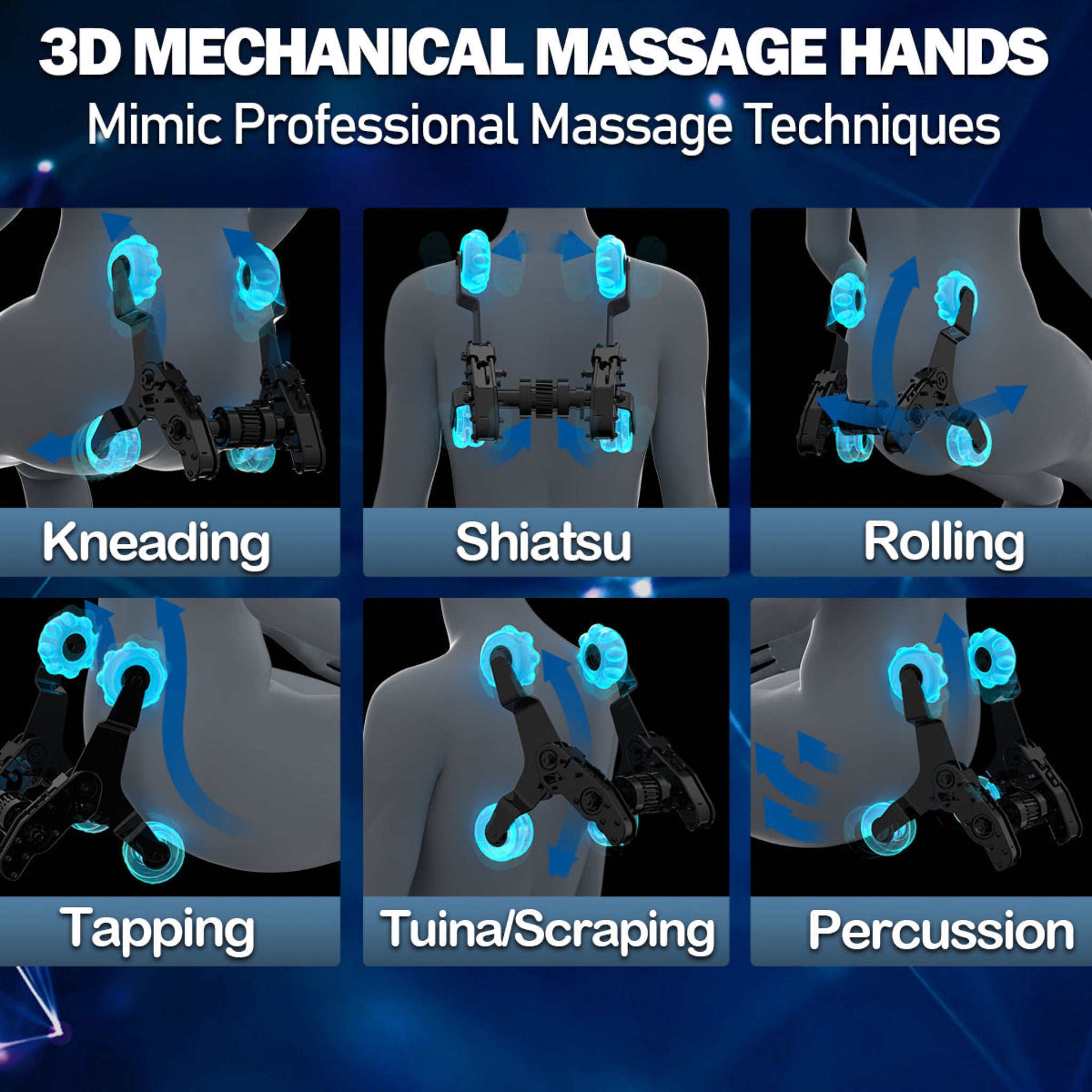 "KoziSense A18 3D SL-Track massage chair iwith automatic body detection, AI voice control, and Bluetooth audio," diagram of the types of massage.