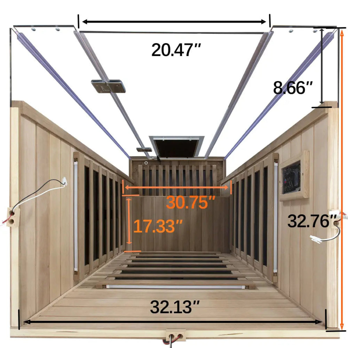 Dimensions of the 1-person infrared sauna red cedar Wizzisaunas SR01, showcasing interior layout and measurements.