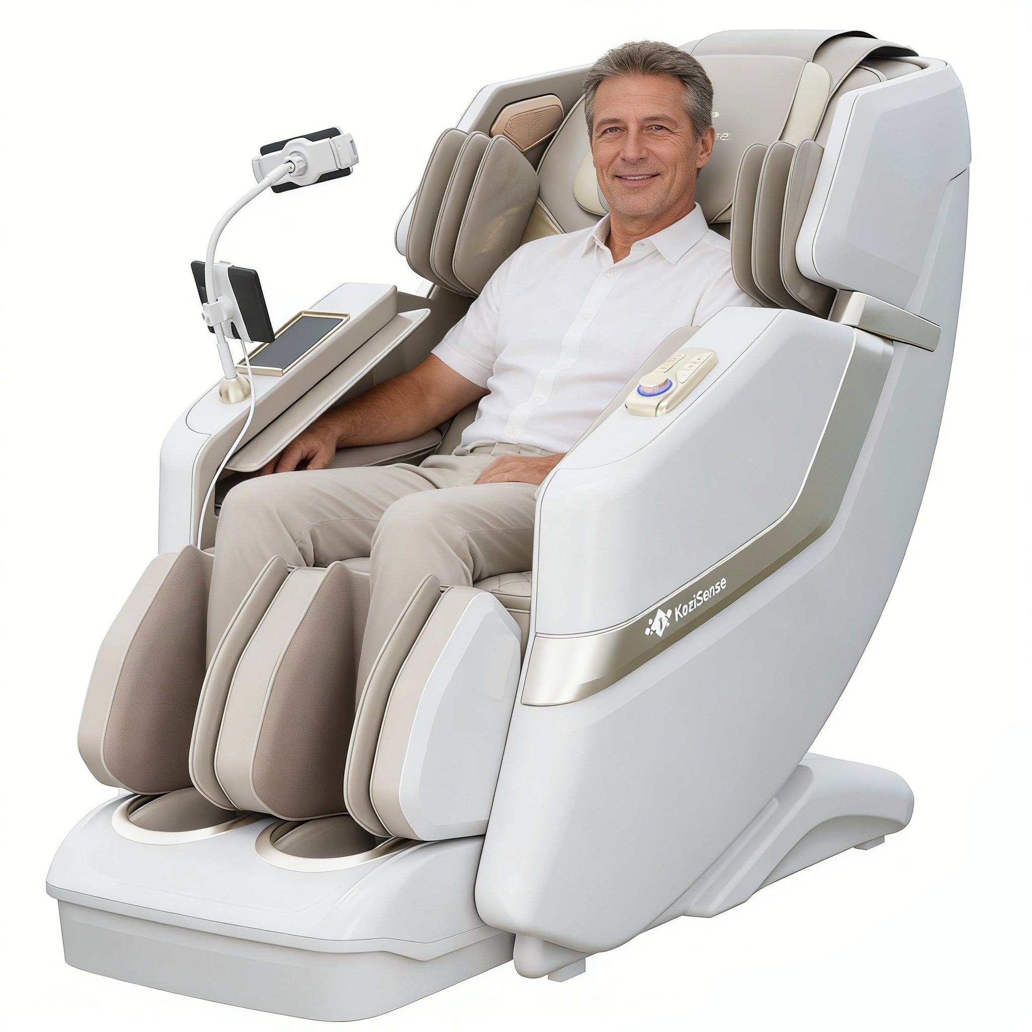KoziSense KZ-313 Heated Jade Stone Massage Chair in white with a man sitting comfortably.
