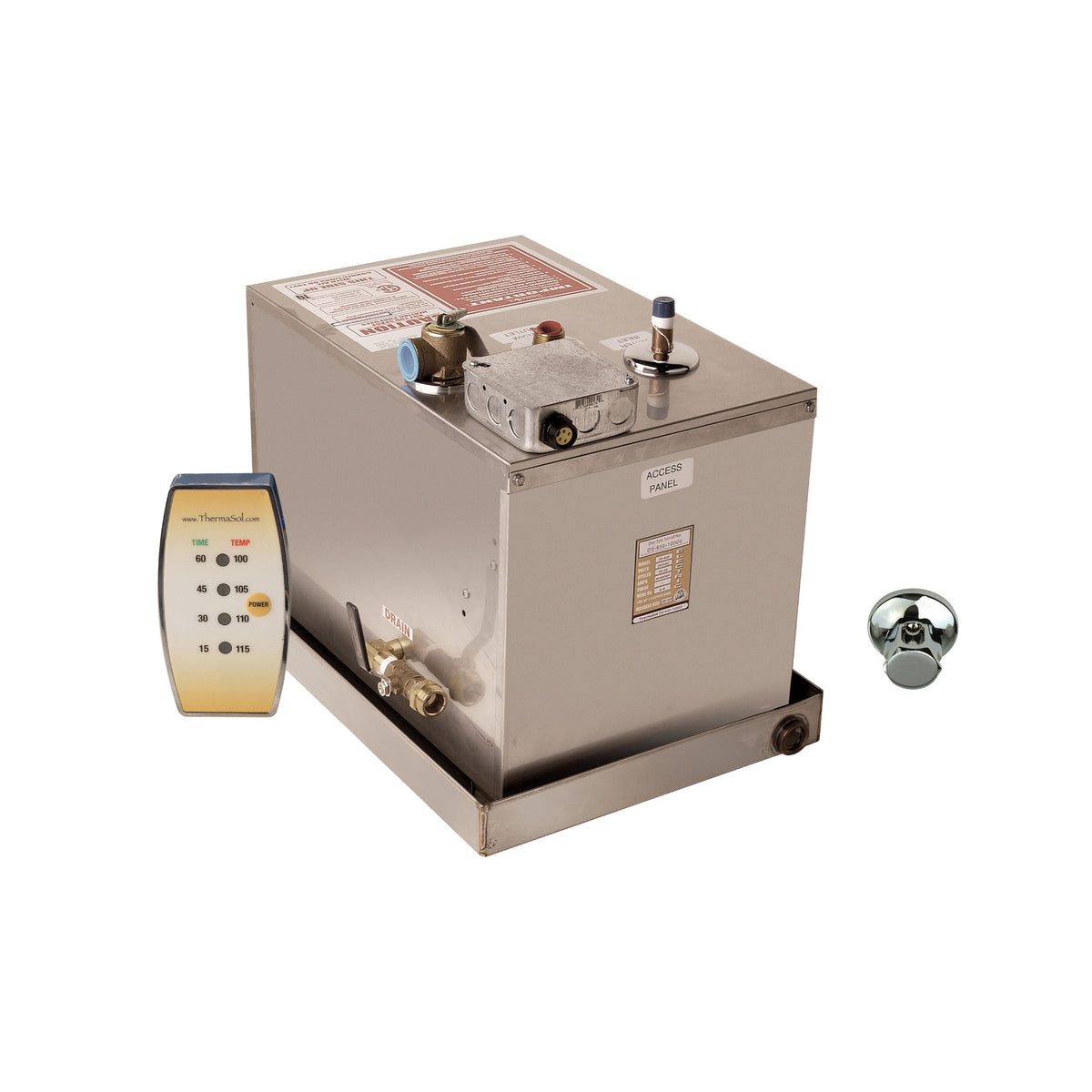 ThermaSol Day Spa 3-room steam system configuration with three polished chrome controls and steam heads