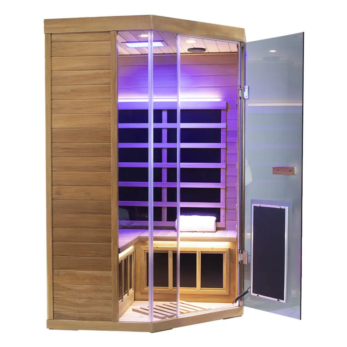 Wizzisaunas S07 Red Cedar infrared sauna –glowing lights with door open side view