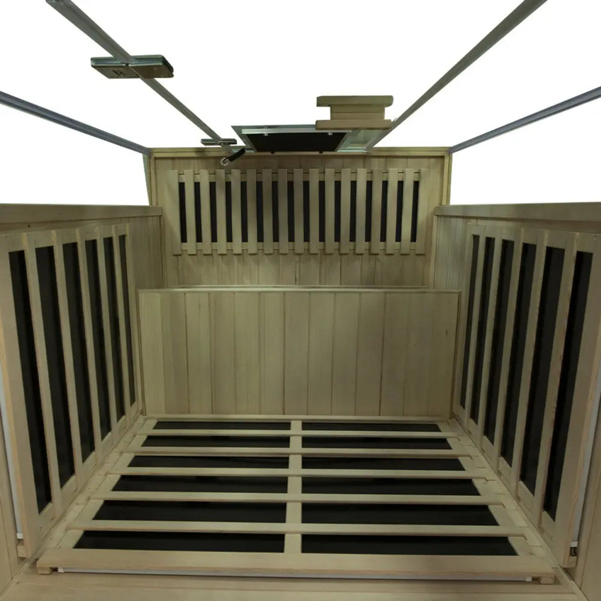 Interior view of the 2-person infrared sauna hemlock featuring wooden slats and heater panels.