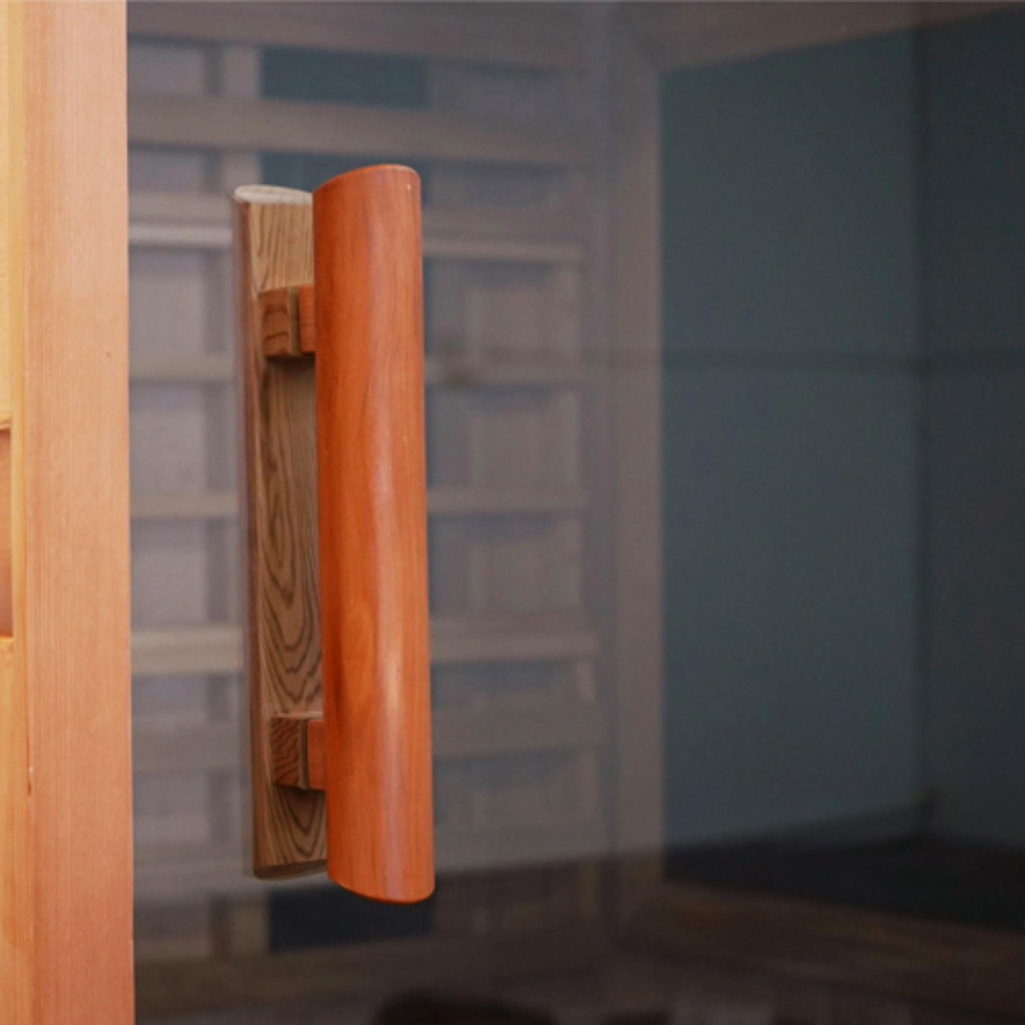 Finnmark FD-1 infrared sauna tempered glass door handle detail