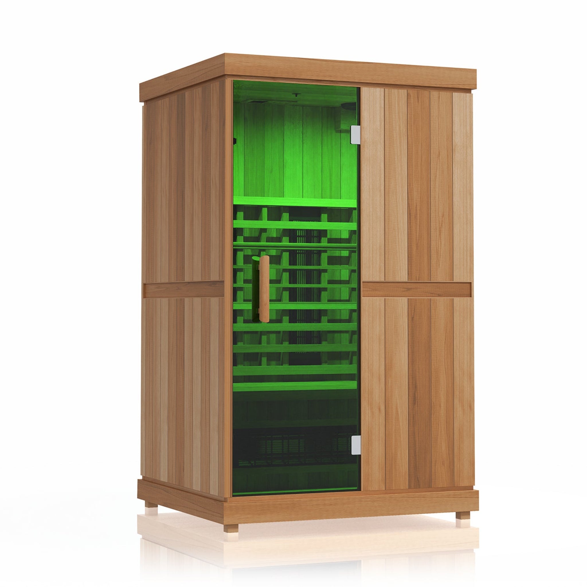 Finnmark FD-2 infrared sauna with green chromotherapy lighting exterior