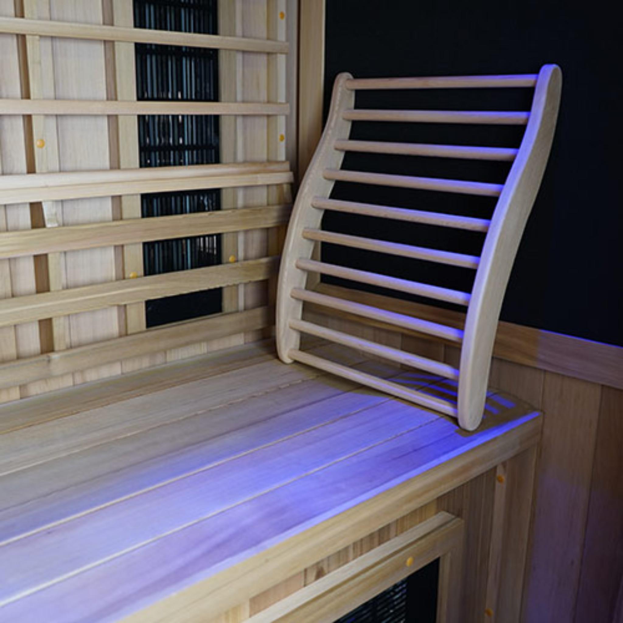 Finnmark FD-1 infrared sauna interior cedar bench and panel view