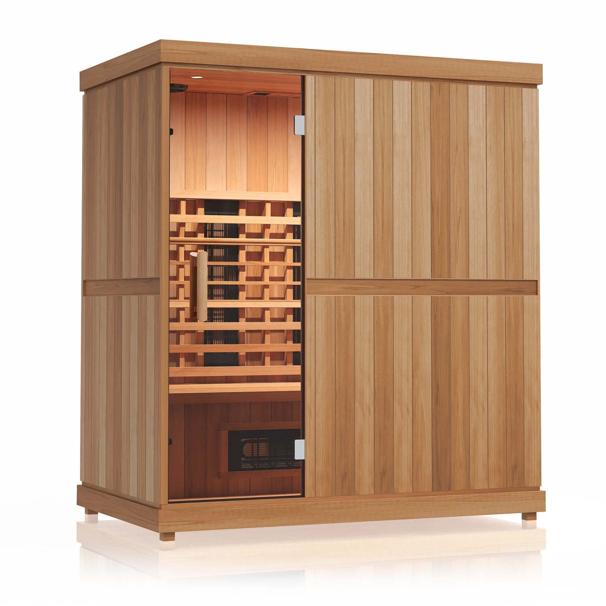 Finnmark FD-3 infrared sauna front view with white chromotherapy lighting