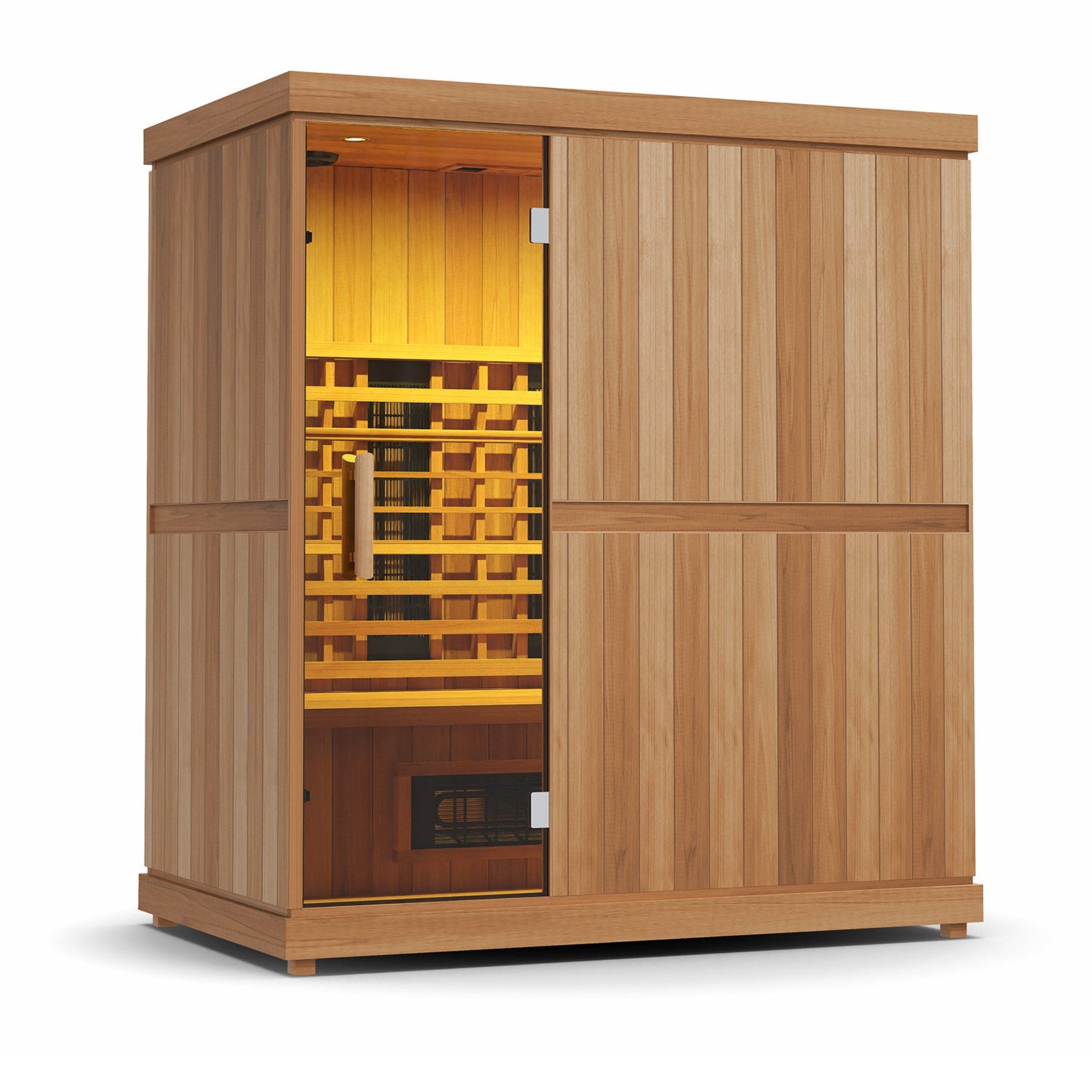 Finnmark FD-3 infrared sauna with yellow chromotherapy lighting