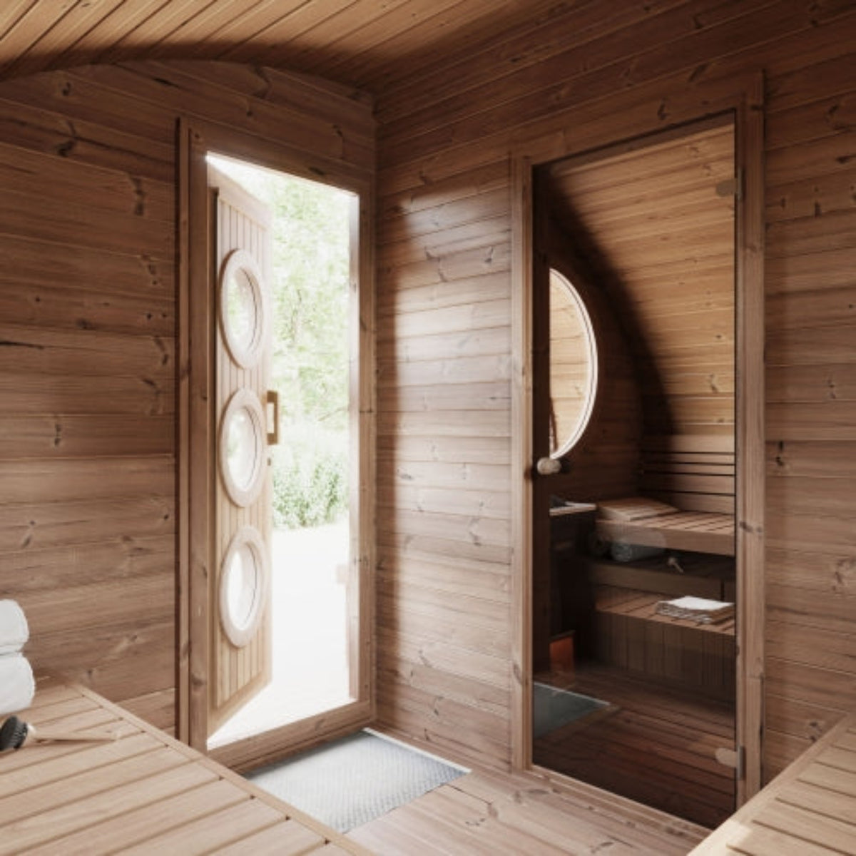 SaunaLife G11B outdoor garden sauna suite interior with a circular door opening to a garden, a wooden bench with a backrest, and warm wood paneling throughout.